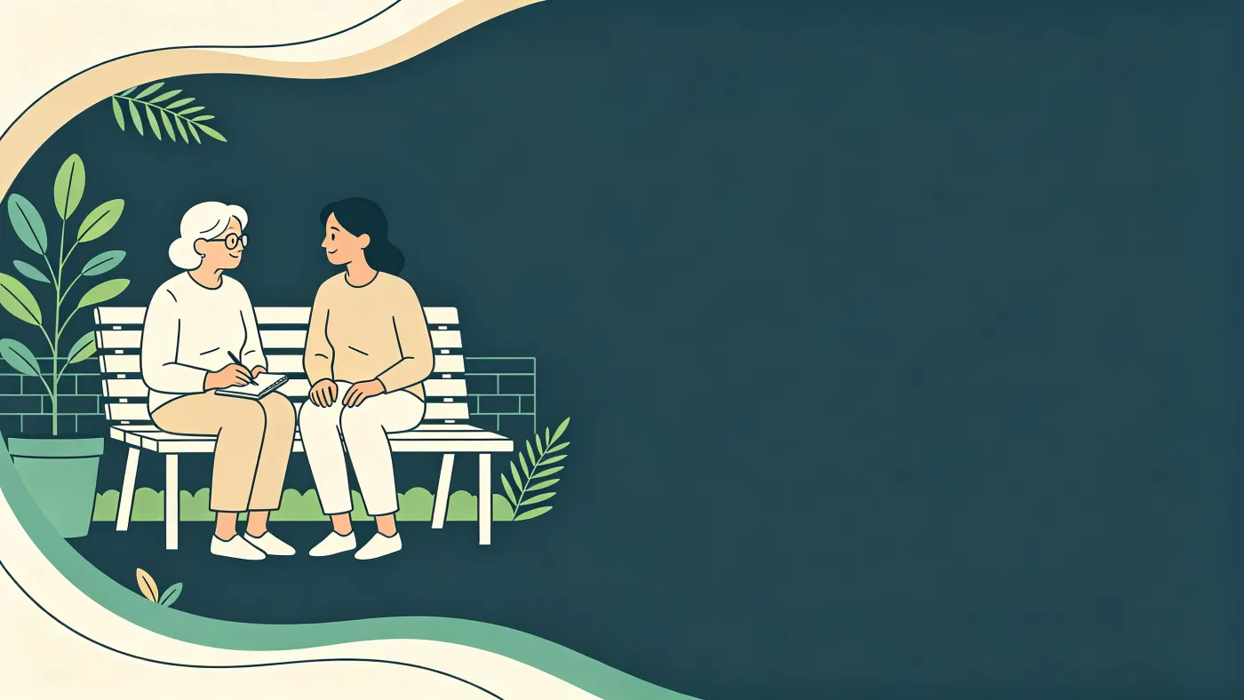 Ilustração de idosa sentada em banco de jardim com a filha ao lado, as duas conversando diante de um caderno de anotações