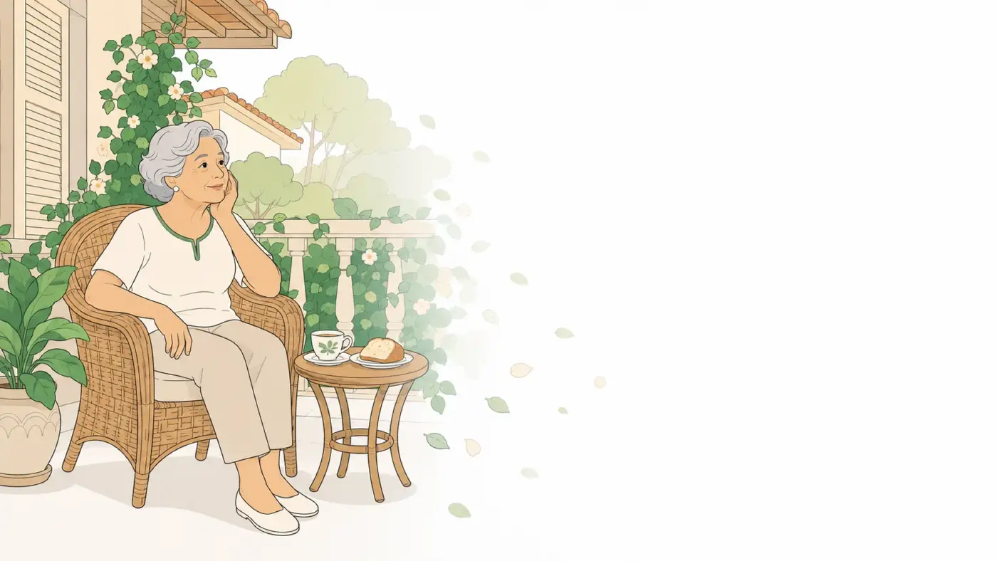Ilustração de senhora idosa sentada em uma cadeira na varanda, com a mão apoiada na bochecha e uma xícara intocada na mesinha ao lado