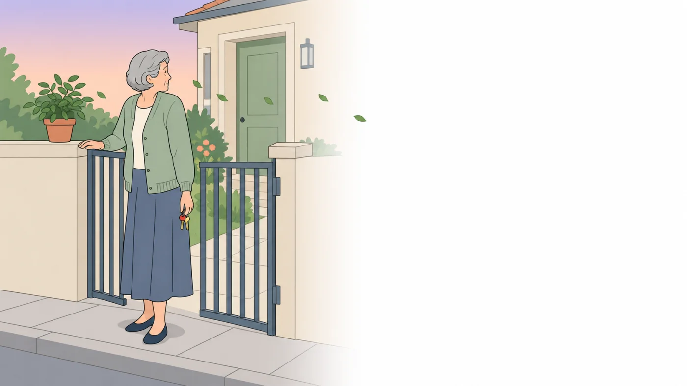Ilustração de senhora idosa parada no portão de casa, com o molho de chaves na mão, olhando para trás em direção à porta de entrada