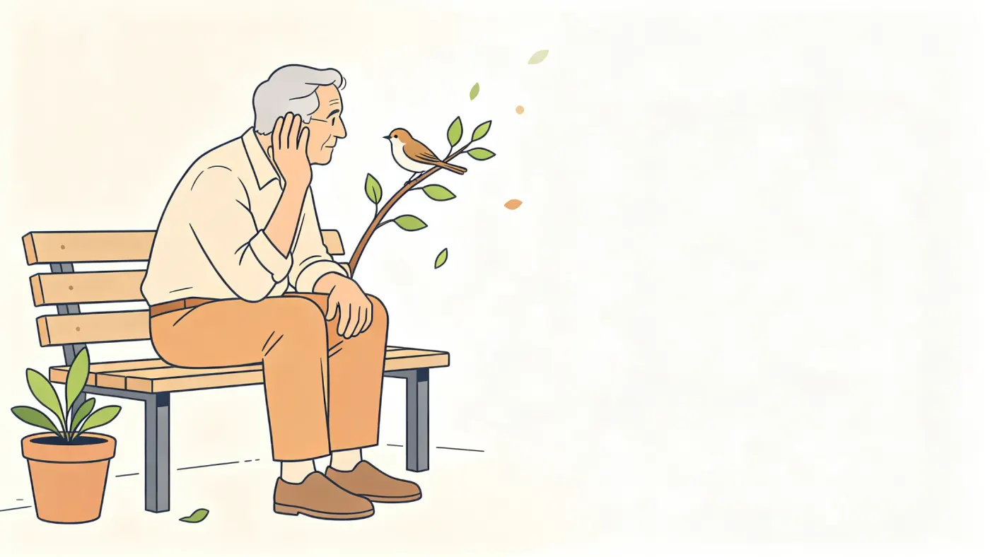 Ilustração de idoso sentado em banco de jardim, levemente inclinado para a frente com a mão em concha atrás da orelha, atento a um pássaro pousado em um galho próximo