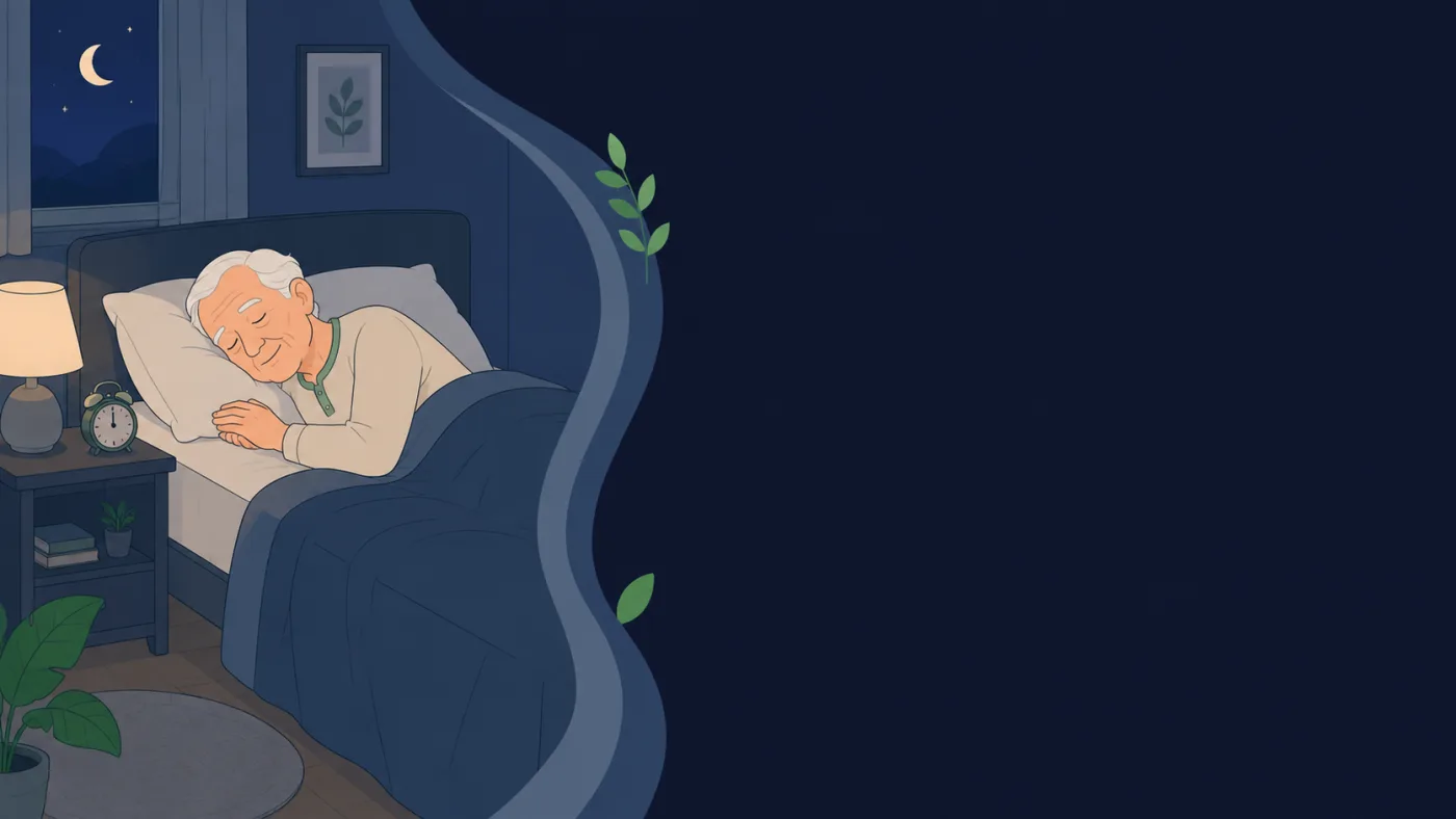 Ilustração de pessoa idosa dormindo em quarto tranquilo à noite