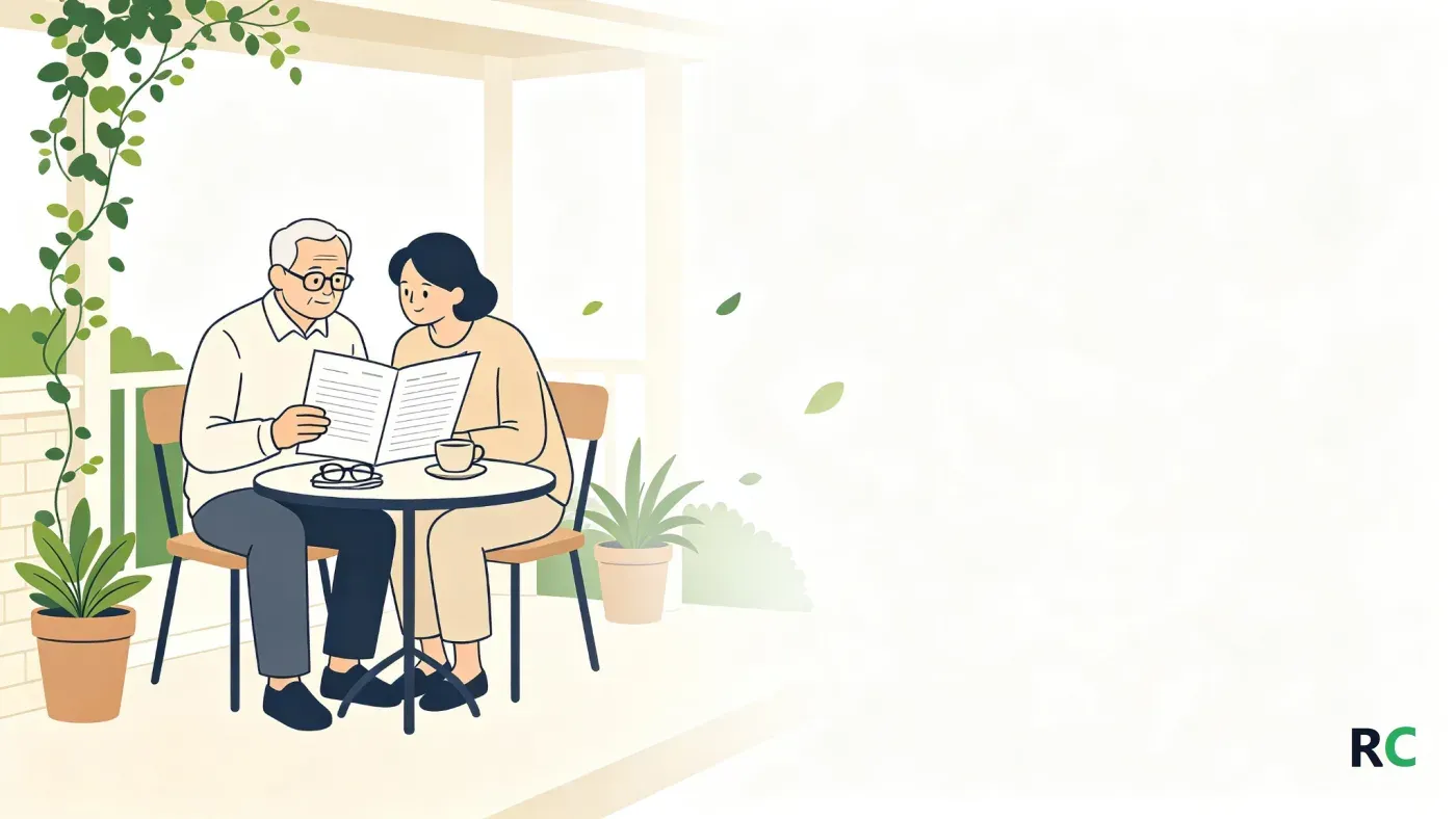 Ilustração de senhor idoso sentado à mesa da sala com um laudo médico aberto nas mãos e a filha ao lado, lendo por cima do ombro