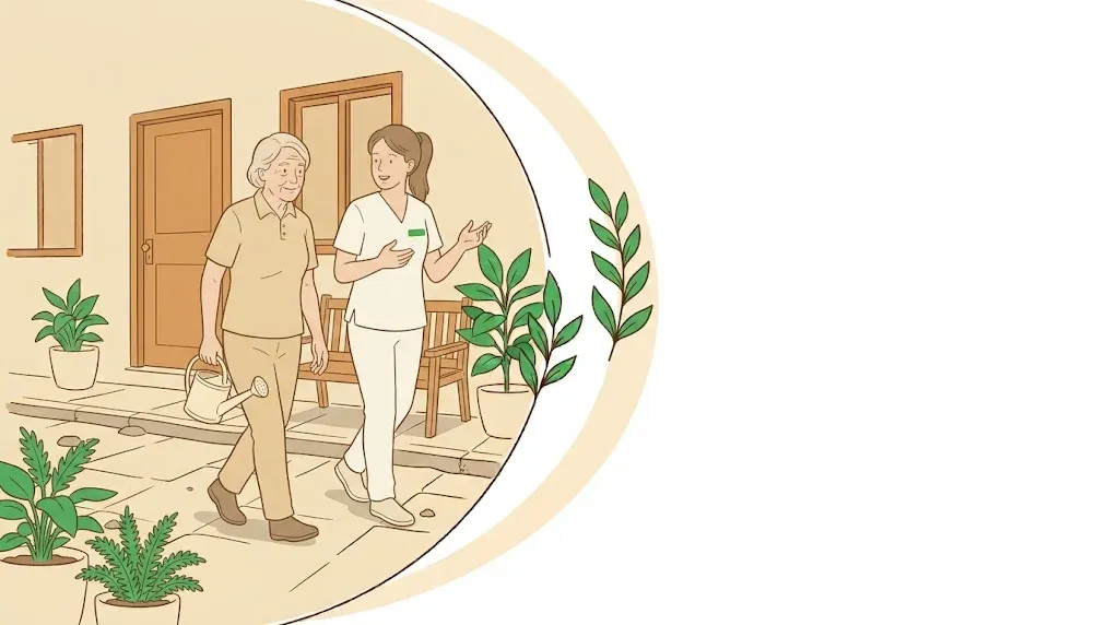 Senhor idoso caminhando com um regador na mão enquanto conversa com fisioterapeuta ao lado