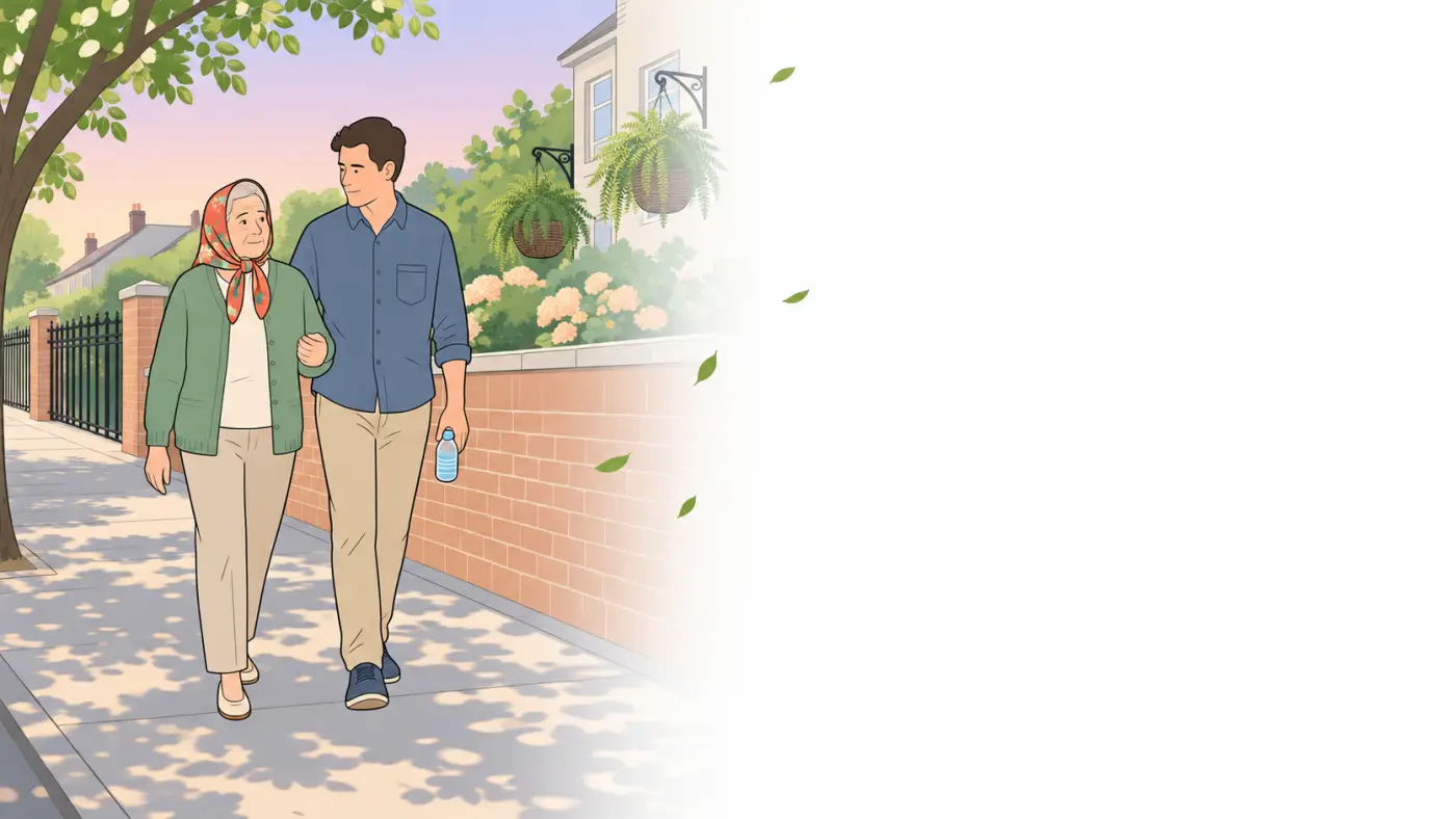 Ilustração de senhora de lenço na cabeça caminhando devagar numa ladeira de bairro no começo da manhã, ao lado do filho adulto que carrega uma garrafa de água, com muro de tijolo e samambaias ao fundo