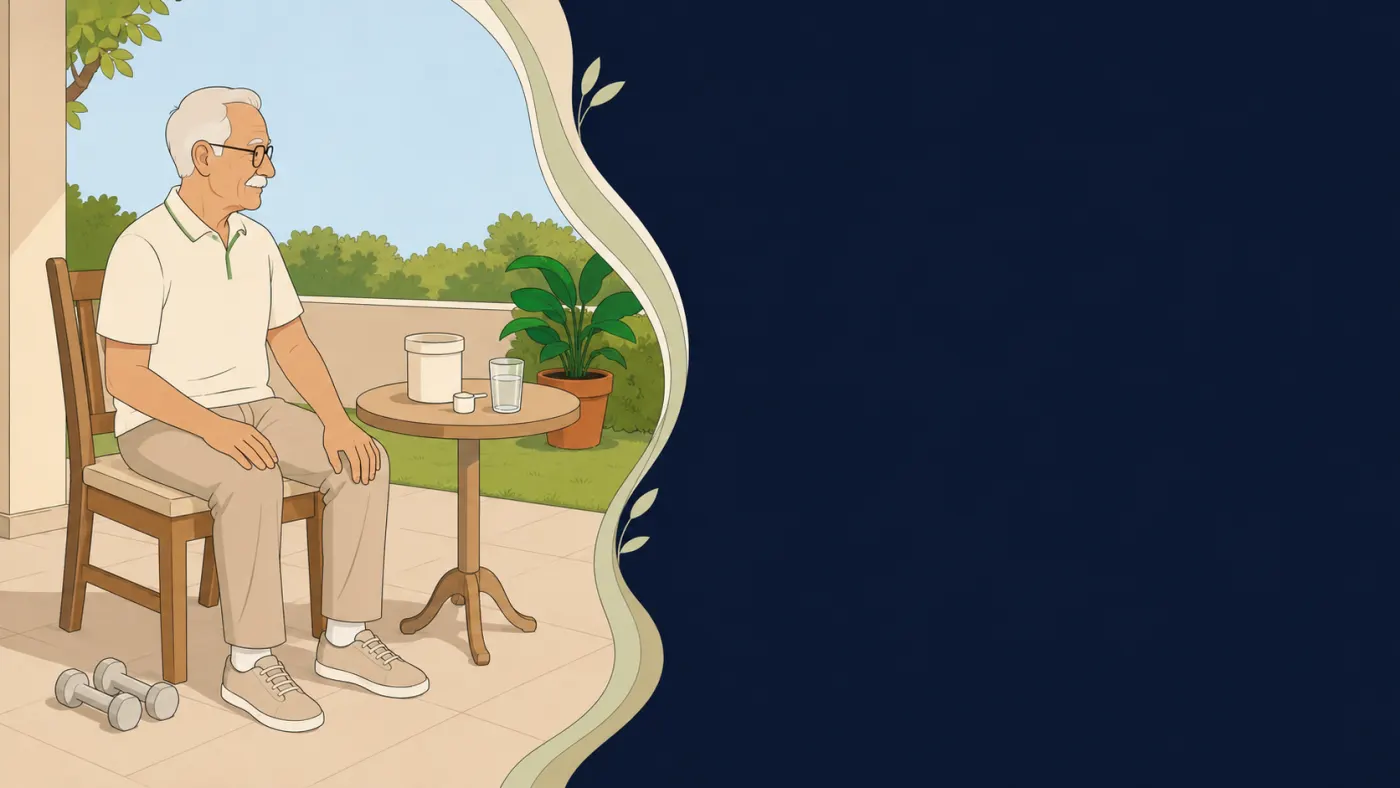 Ilustração de senhor idoso sentado à mesa da varanda, com um pote de suplemento em pó e a colher dosadora à frente e um par de halteres leves no chão ao lado da cadeira