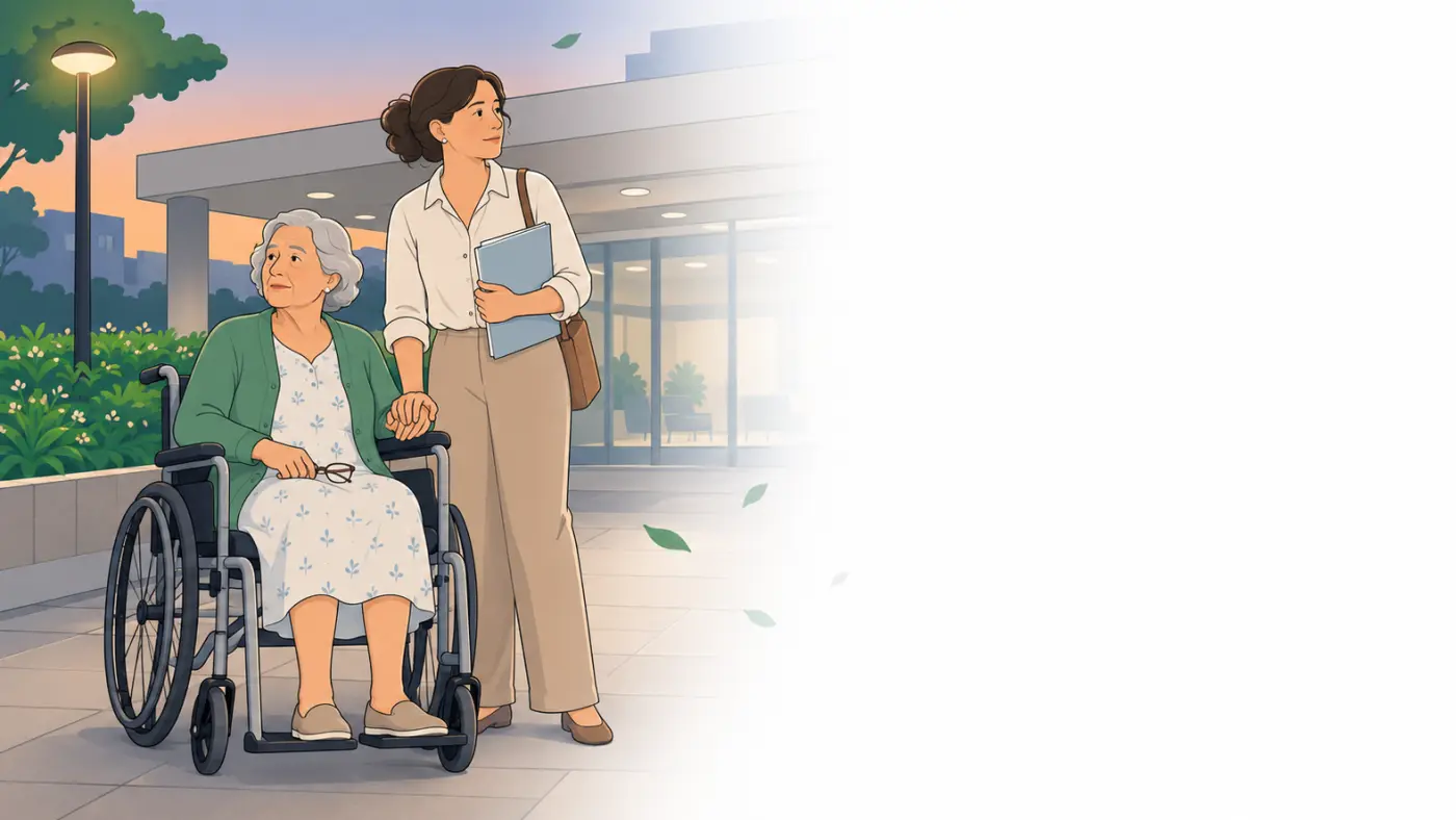 Ilustração de senhora idosa em cadeira de rodas na entrada externa de um pronto-socorro, com a filha ao lado segurando sua mão