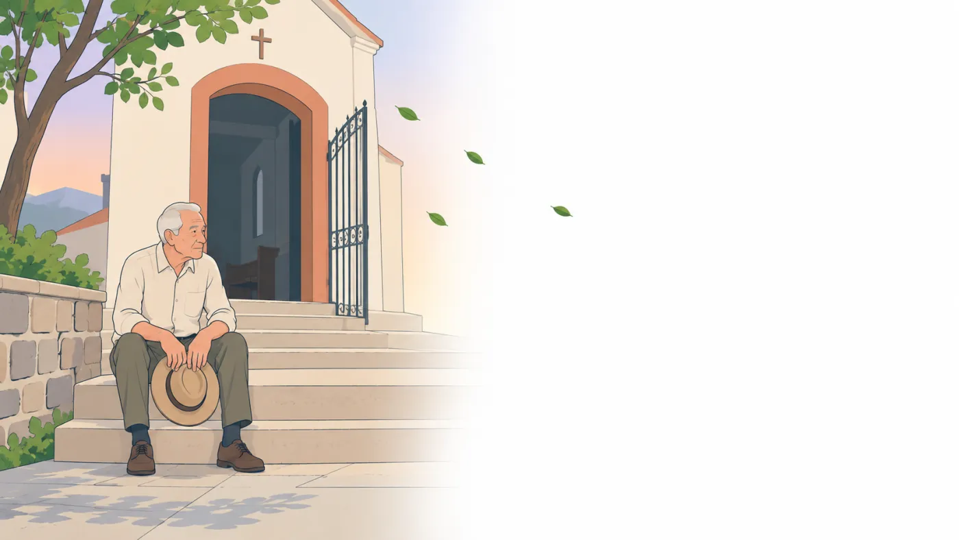 Ilustração de senhor idoso sentado sozinho no último degrau da escada de uma igreja, com o chapéu nas mãos e o portão de ferro aberto atrás, enquanto as pessoas já foram embora