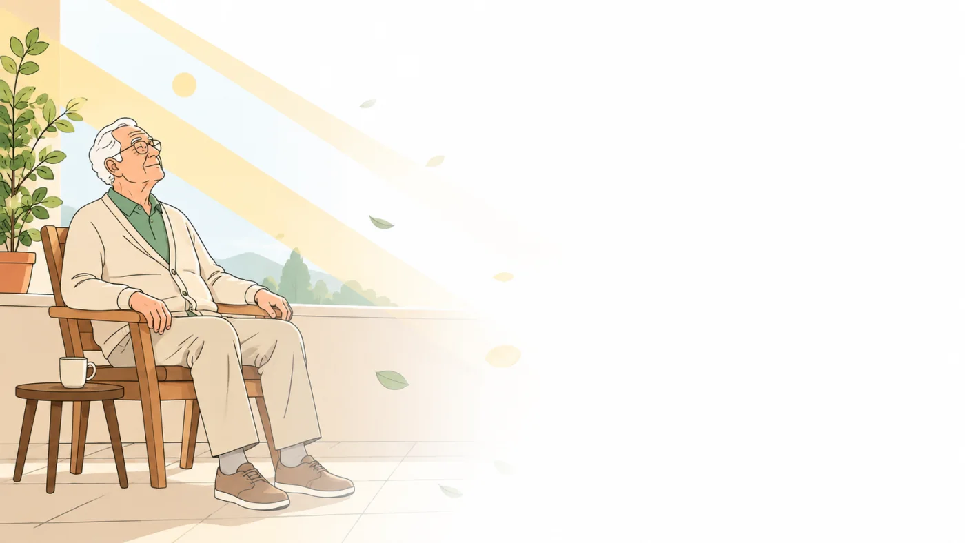Ilustração de senhor idoso sentado em uma cadeira na varanda pela manhã, com o rosto voltado para a claridade e uma xícara na mesinha ao lado