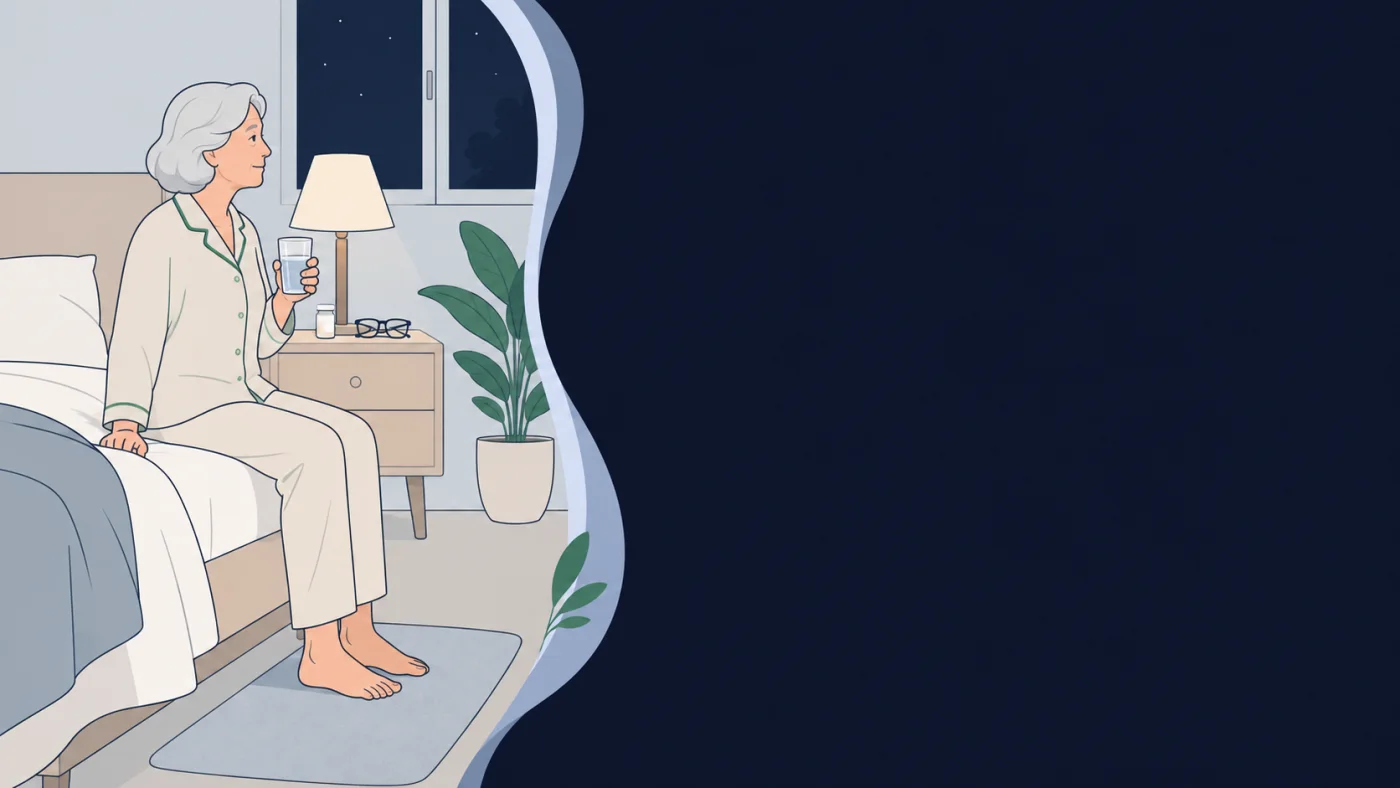 Ilustração de senhora idosa sentada na beira da cama à noite, com o abajur aceso e um frasco de cápsulas e um copo de água na mesa de cabeceira