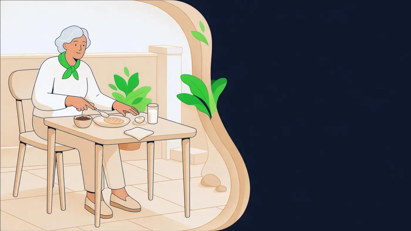 Ilustração de mesa de almoço posta com filé de frango, ovo cozido, feijão e um copo de leite, com uma senhora idosa servindo o prato