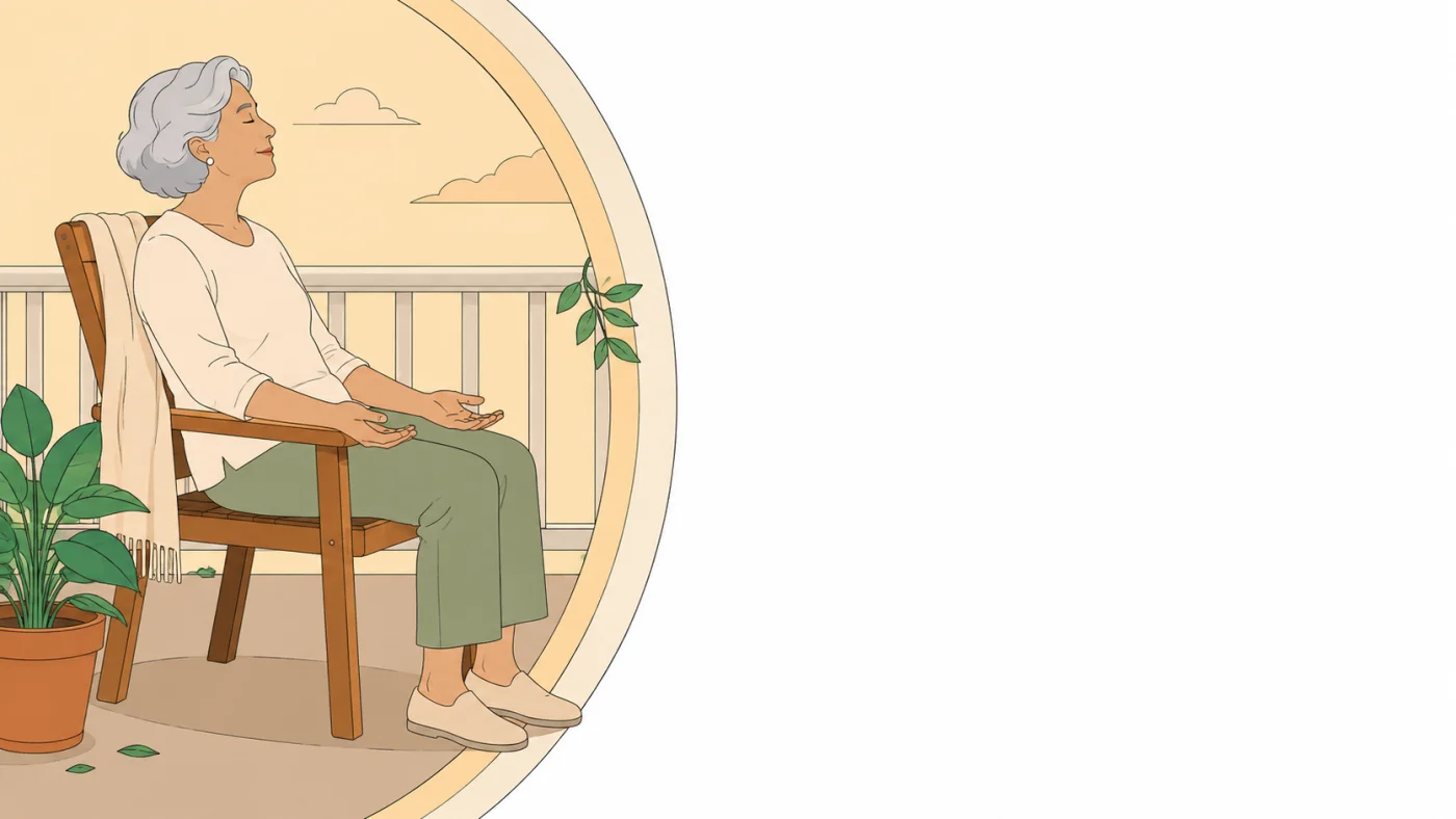Ilustração de senhora idosa sentada em cadeira de varanda no fim da tarde, com as mãos abertas sobre as coxas e os ombros soltos