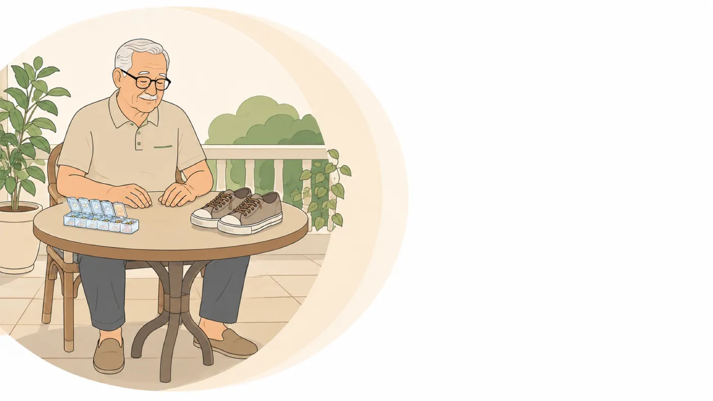 Ilustração de senhor idoso sentado à mesa da varanda, com a caixa de comprimidos de um lado e o tênis de caminhada do outro