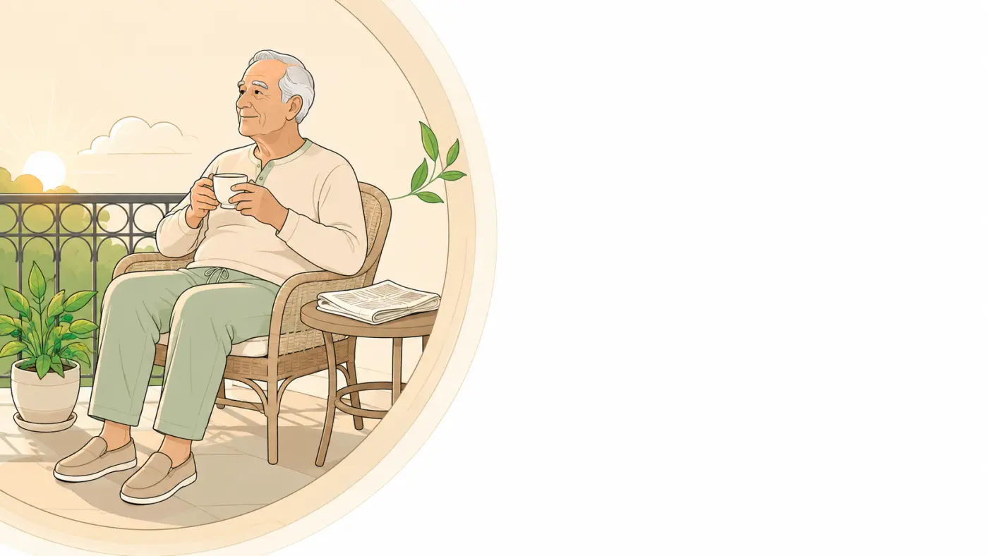Ilustração de senhor idoso sentado na varanda ao amanhecer, com uma xícara na mão e o jornal fechado sobre a mesa