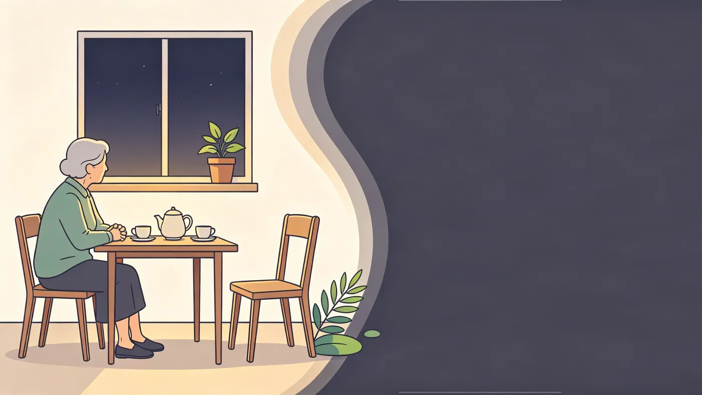 Ilustração de senhora idosa sentada à mesa da cozinha ao anoitecer, com duas xícaras servidas e a cadeira da frente vazia