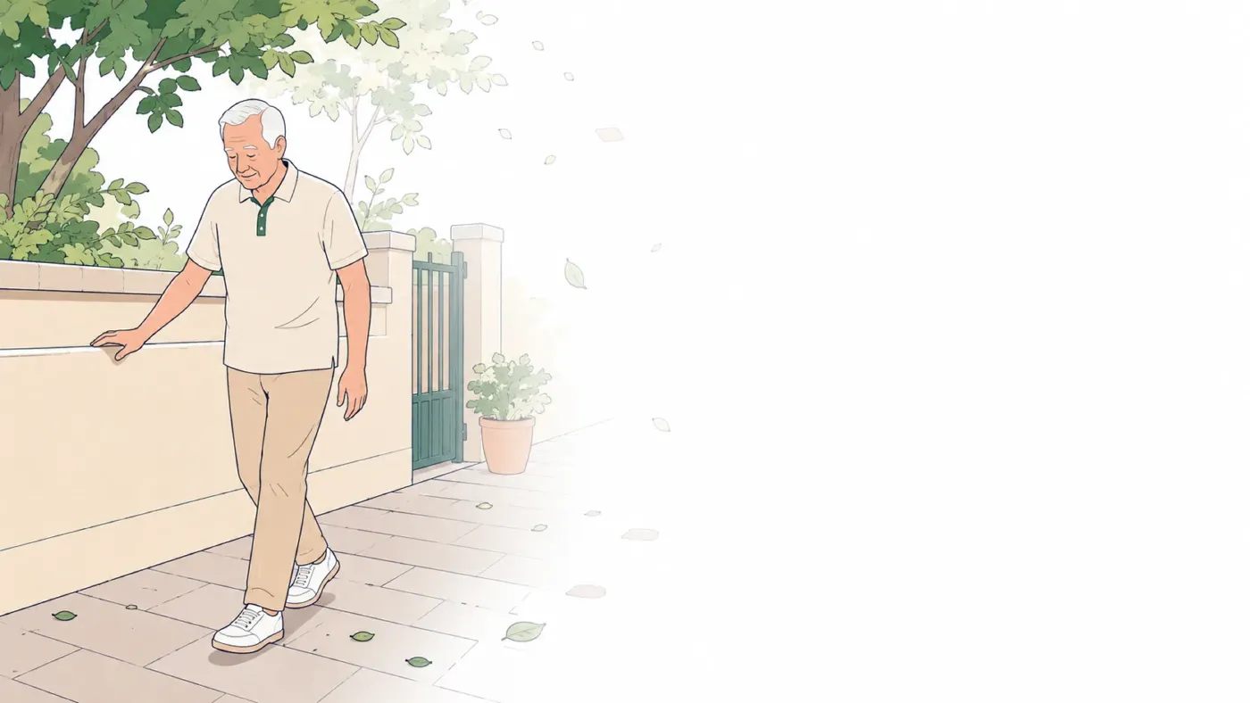 Ilustração de senhor idoso caminhando por uma calçada arborizada, com passo curto e olhar voltado para o chão