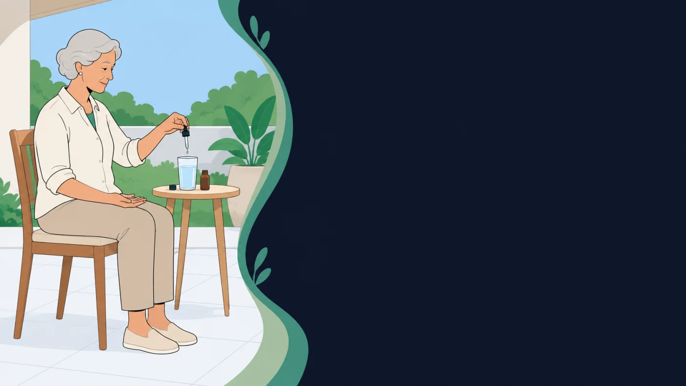 Ilustração de senhora idosa sentada numa cadeira na varanda de casa, com um frasco conta-gotas de vitamina D e um copo de água sobre a mesinha ao lado, e o jardim ao fundo