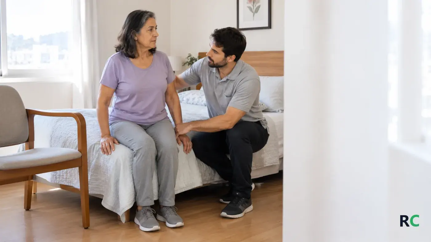 Fisioterapeuta orientando uma mulher sentada na beira da cama, com a coluna reta, logo depois de levantar de lado no quarto de casa