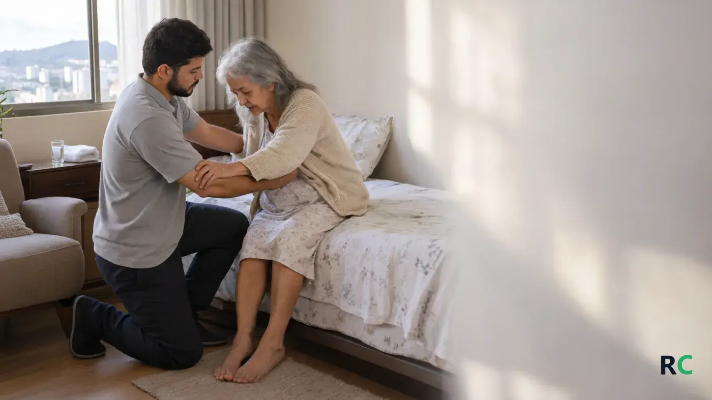 Fisioterapeuta ajudando uma idosa acamada a sentar na beira da cama, no quarto da casa dela