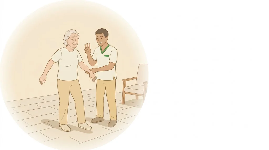 Mulher idosa fazendo exerc&iacute;cio de balan&ccedil;o dos bra&ccedil;os com a fisioterapeuta