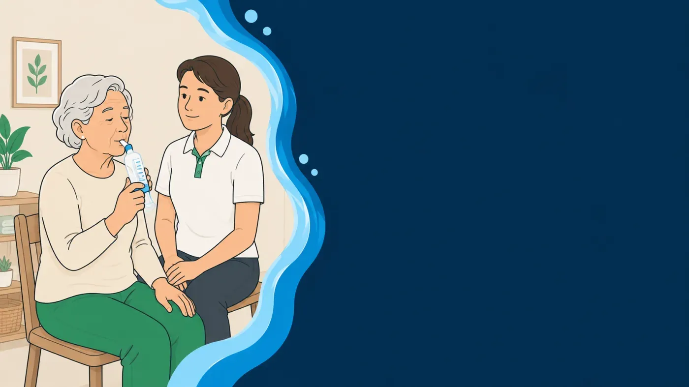 Ilustração de idosa sentada usando um pequeno aparelho respiratório com acompanhamento do fisioterapeuta