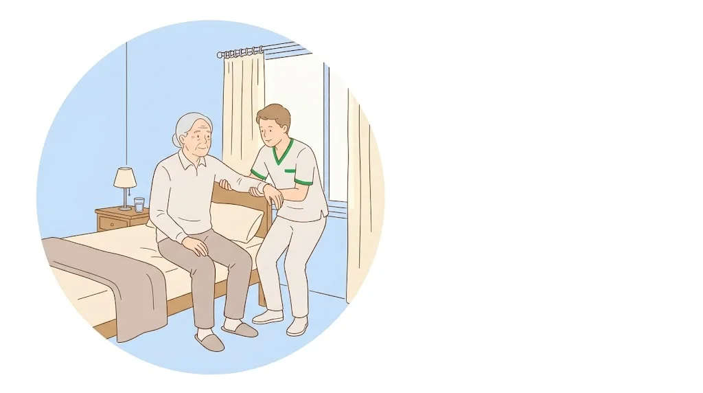Fisioterapeuta apoiando uma mulher idosa sentada na beira da cama, em um quarto claro