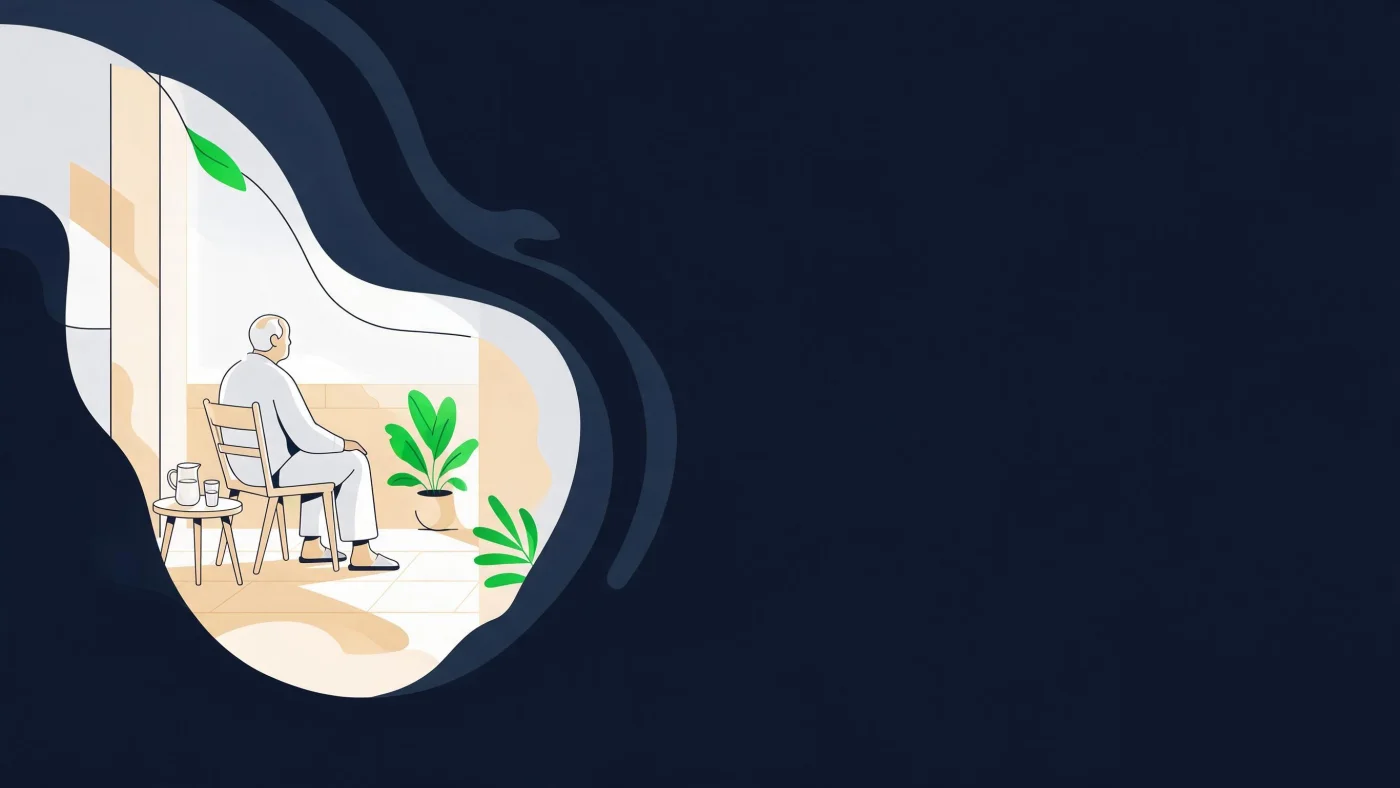 Ilustração de senhor idoso sentado numa cadeira na varanda, de perfil, com uma jarra de água na mesinha ao lado e um vaso de planta aos pés