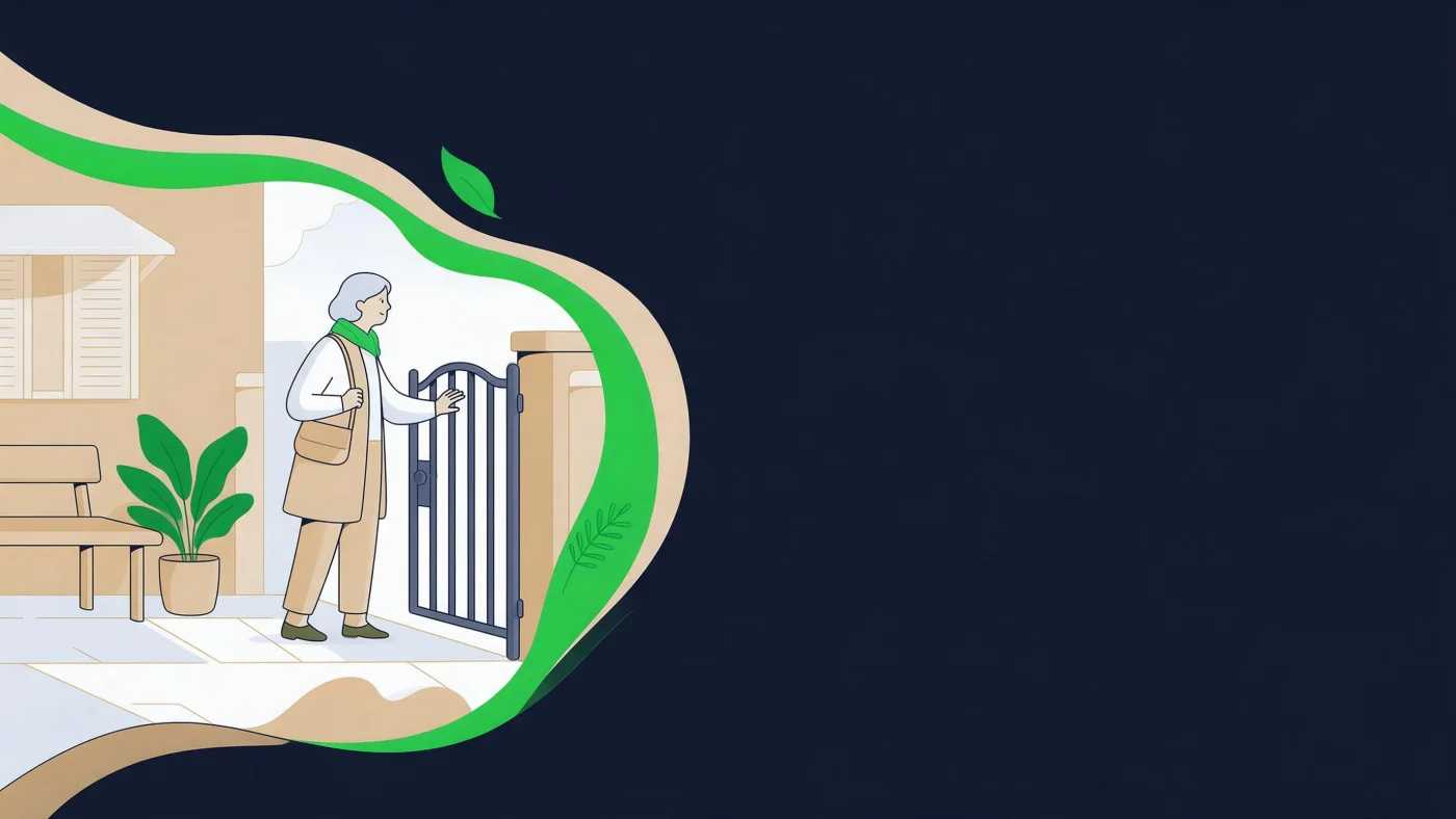 Ilustração de senhora idosa parada no portão aberto de casa, com a bolsa a tiracolo e a mão apoiada na grade, olhando para a calçada sem sair