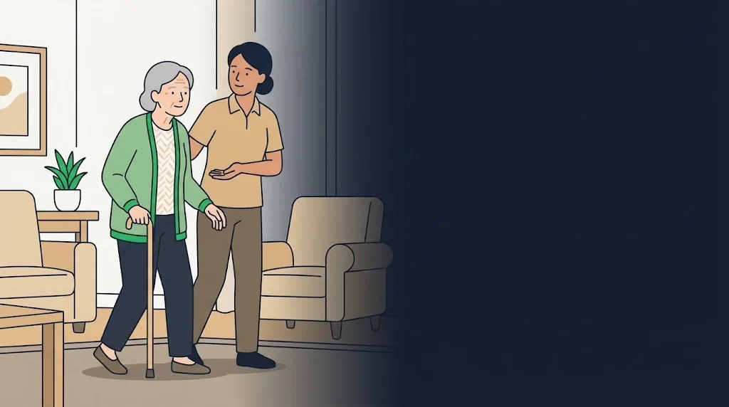 Ilustração de senhora idosa caminhando em casa com bengala, acompanhada de perto