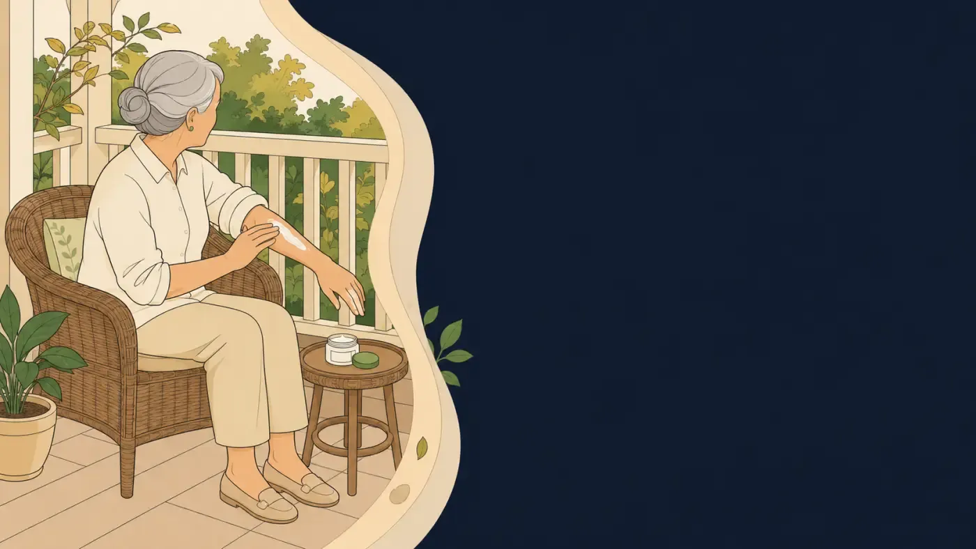 Ilustração de senhora idosa sentada numa cadeira de vime na varanda, de perfil, passando creme no antebraço, com o pote sobre a mesinha e um vaso de planta ao lado