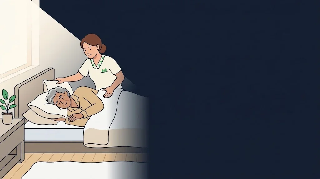 Ilustração de cuidadora ajustando travesseiros para reposicionar pessoa idosa na cama