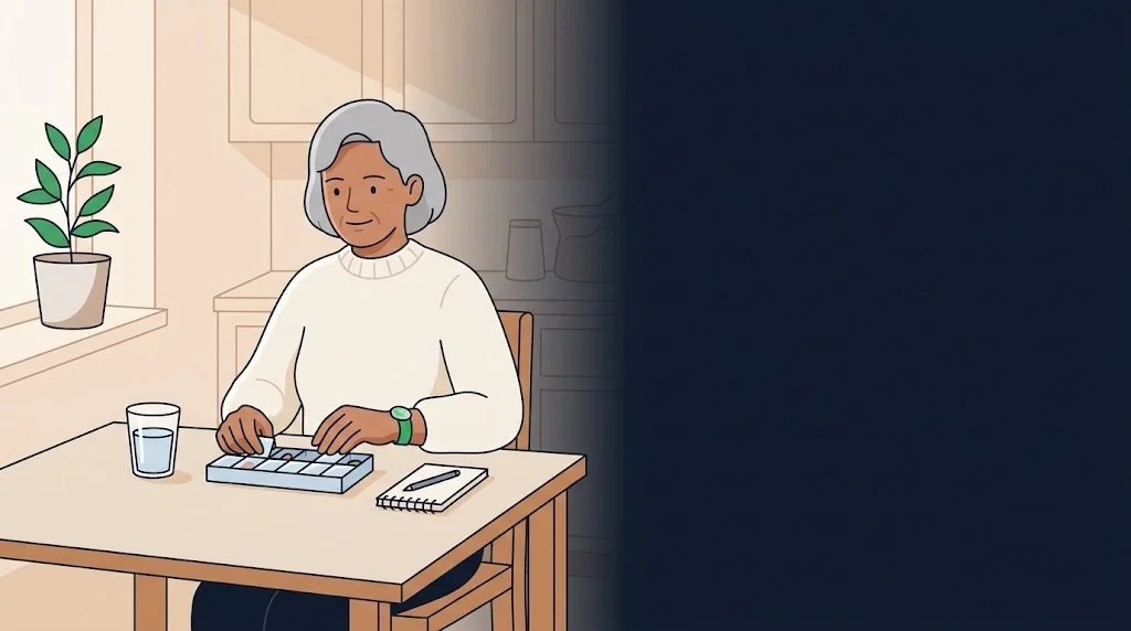 Ilustração de senhora idosa à mesa da cozinha com organizador semanal de comprimidos