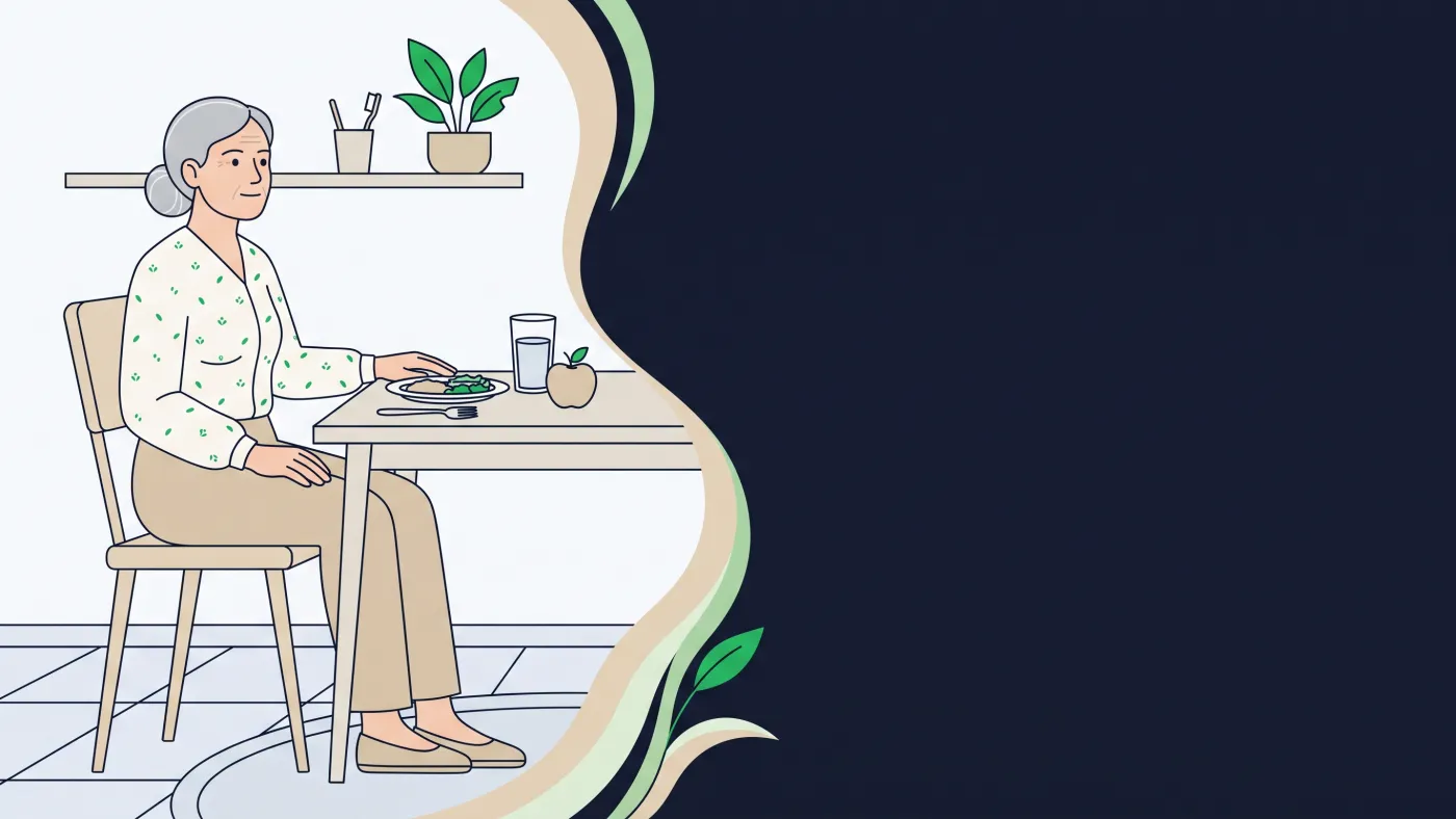 Ilustração de senhora idosa sentada à mesa da cozinha diante de um prato servido, com um copo de água ao lado e uma maçã inteira intocada sobre a toalha