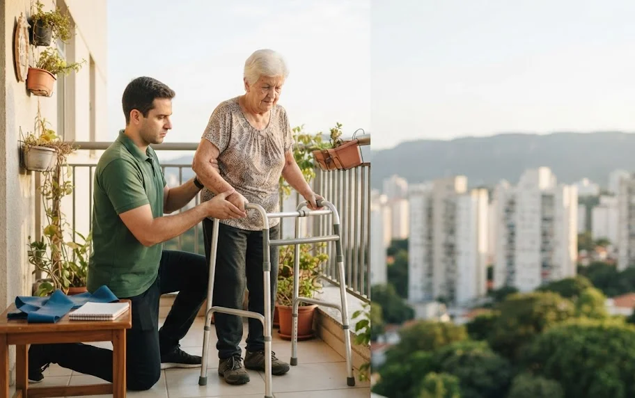 Fisioterapeuta acompanha idoso em treino de marcha dentro de apartamento, no bairro Buritis