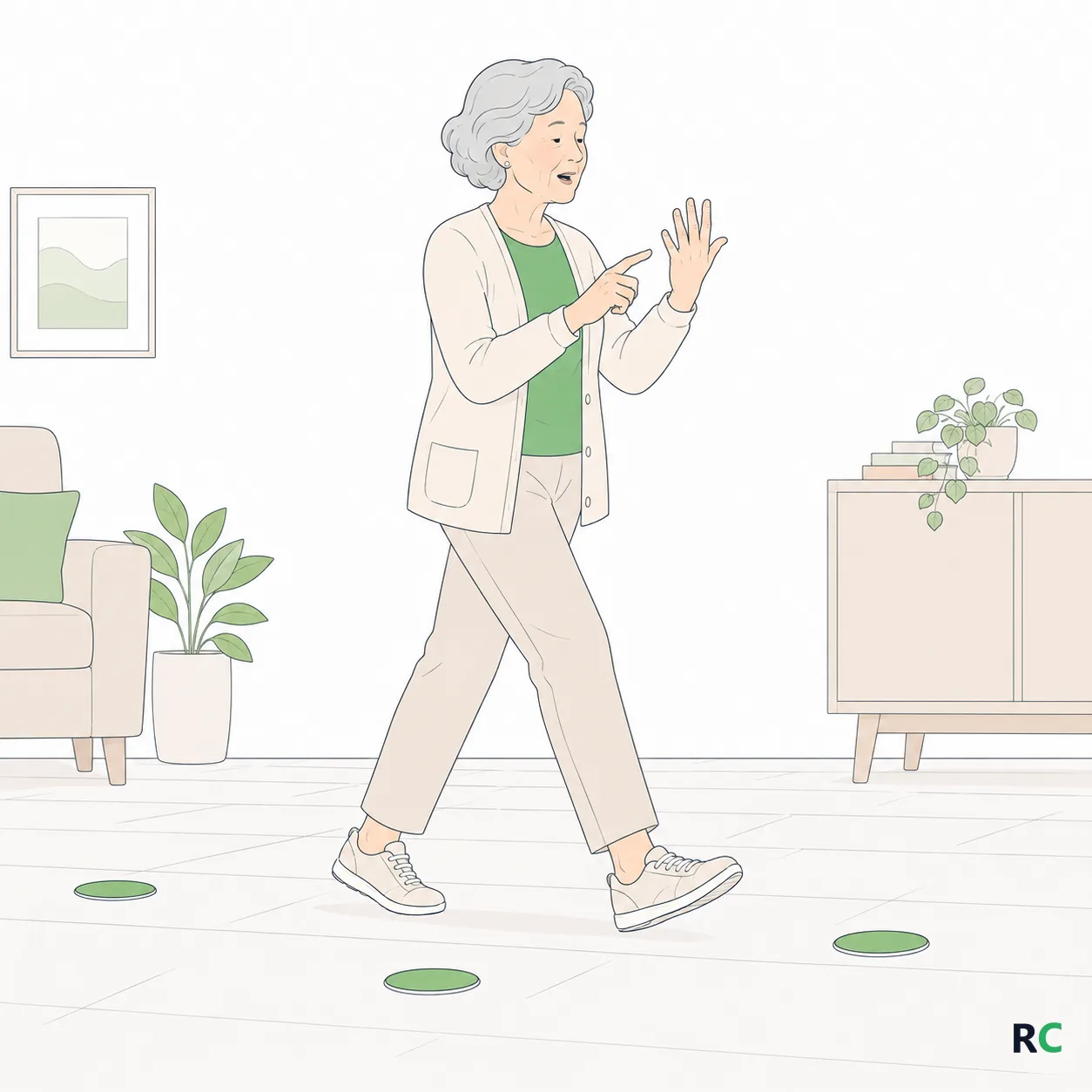 Ilustração de idosa caminhando na sala de casa entre marcadores no chão enquanto conta em voz alta