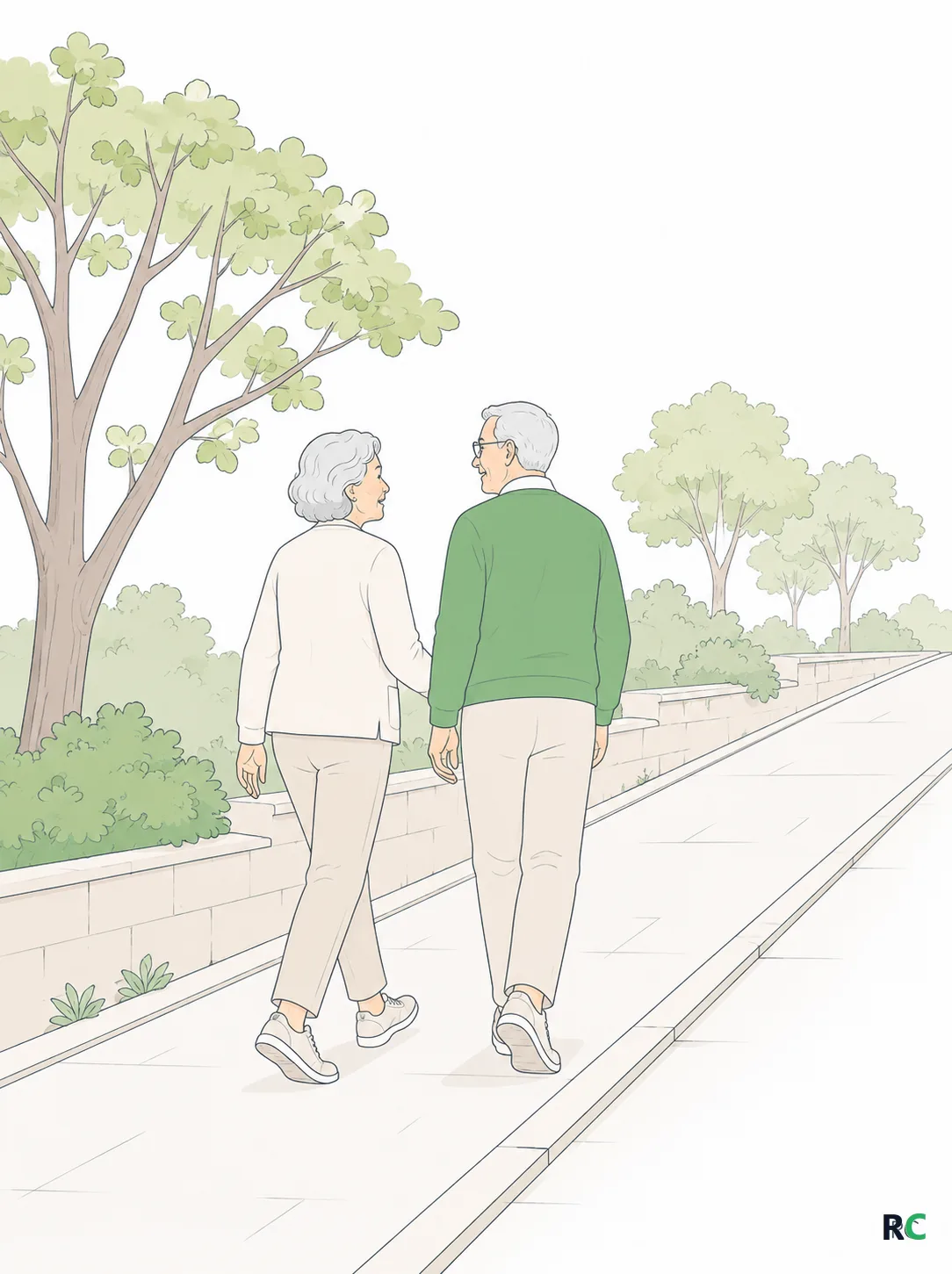 Ilustração vertical de casal de idosos caminhando por uma rua em aclive com árvores