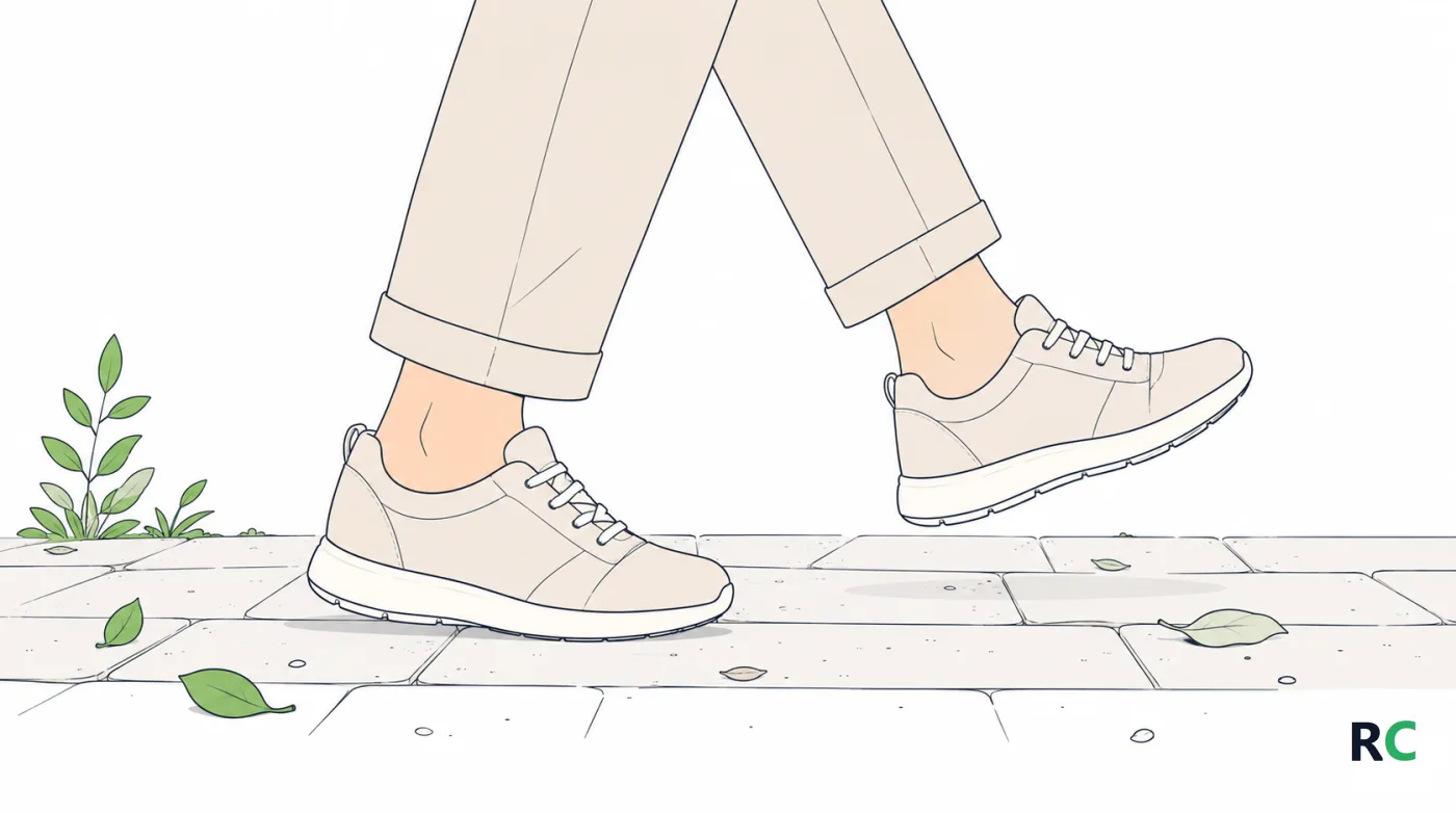 Ilustração em close de pés de idoso com tênis caminhando por uma calçada