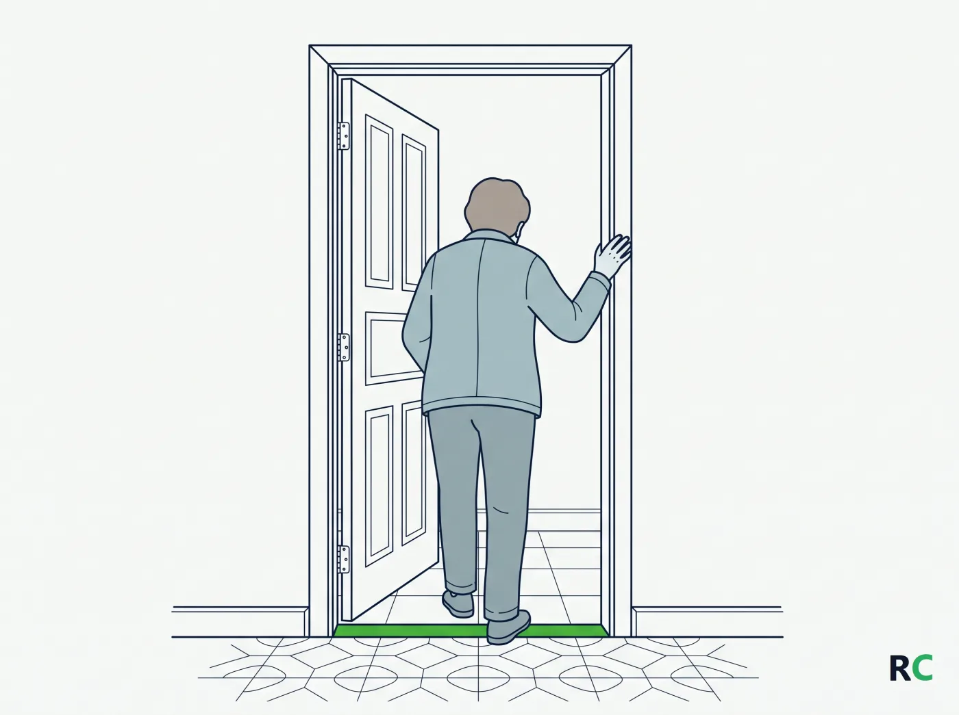 Ilustração de idoso de costas apoiado no batente de uma porta