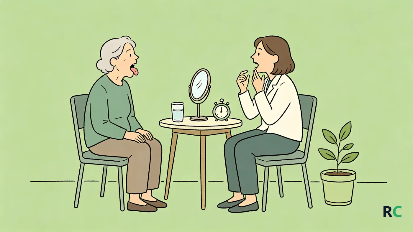 Ilustração de senhora idosa sentada diante de um espelho fazendo exercício de língua contra o céu da boca, com a fonoaudióloga ao lado demonstrando o movimento