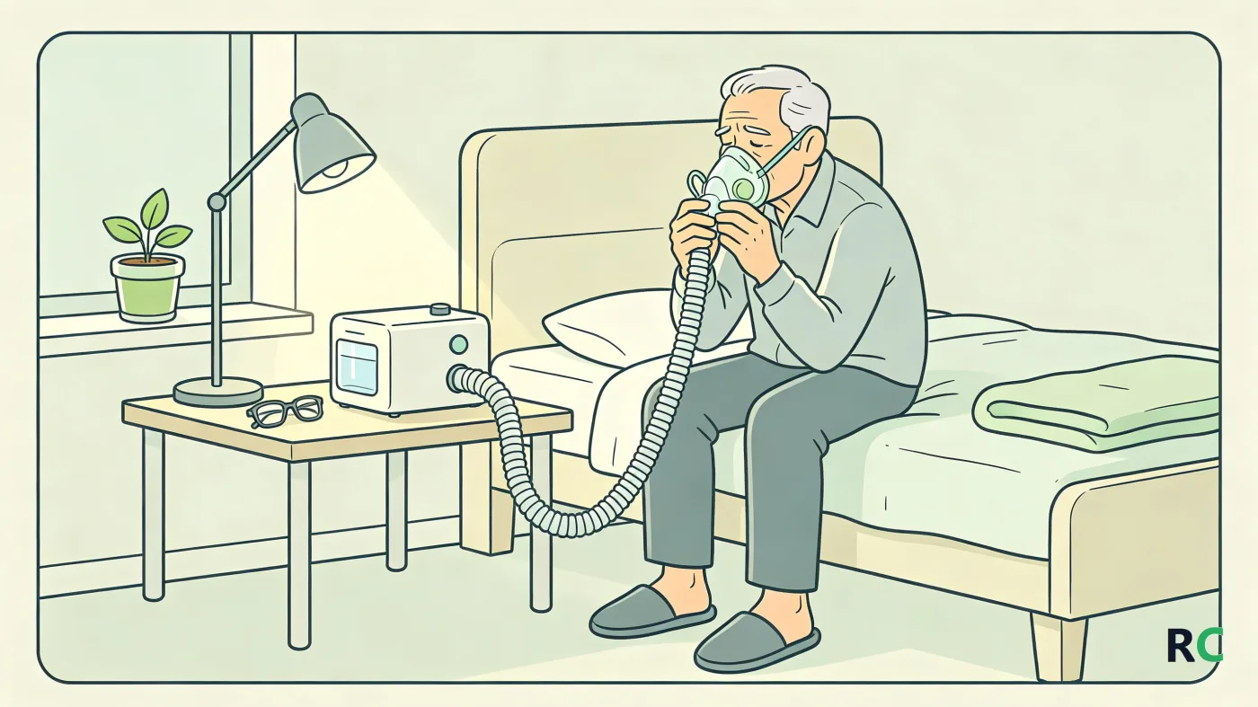 Ilustração de idoso sentado na beira da cama ajustando a máscara nasal do aparelho de pressão positiva, com o equipamento e o umidificador na mesa de cabeceira