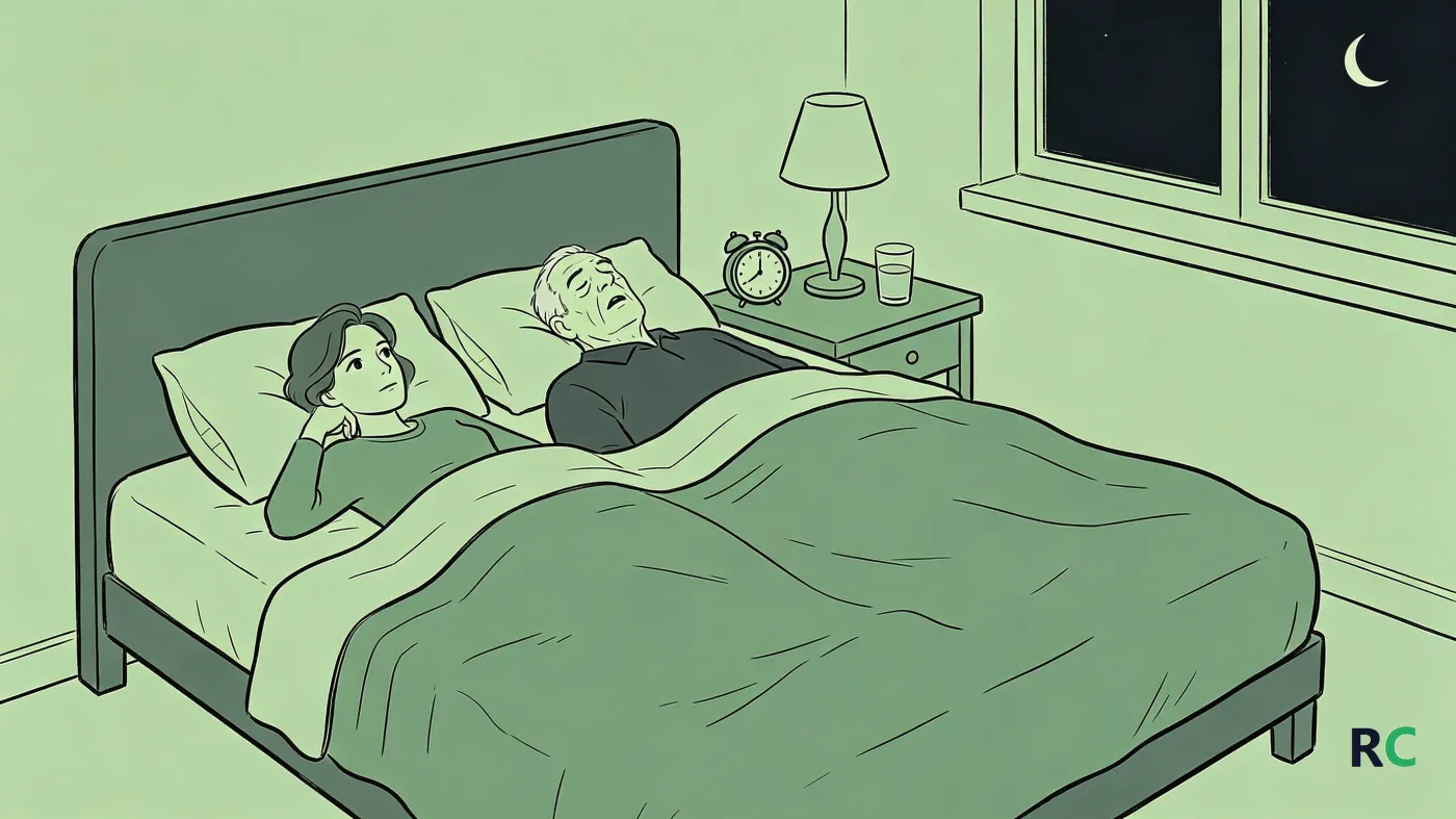 Ilustração de casal de idosos na cama à noite, o marido dormindo de costas com a boca aberta e a esposa desperta ao lado, atenta à respiração dele, com o relógio da mesa de cabeceira marcando a madrugada