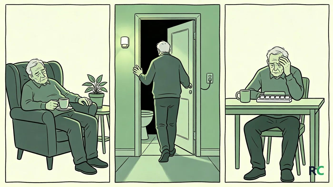 Ilustração com três cenas do dia de um idoso com apneia: cochilando na poltrona com a xícara na mão, indo ao banheiro na madrugada e sentado à mesa com expressão de esquecimento