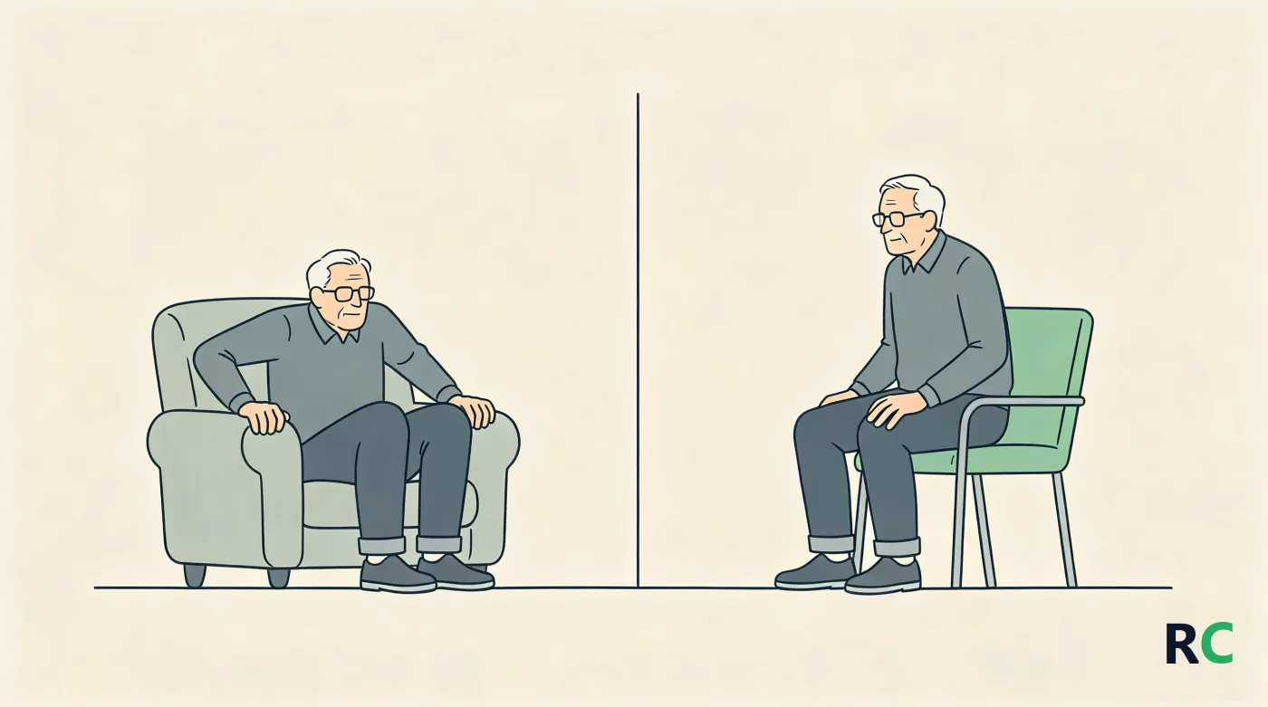 Ilustração comparando uma poltrona baixa e uma cadeira na altura correta para levantar