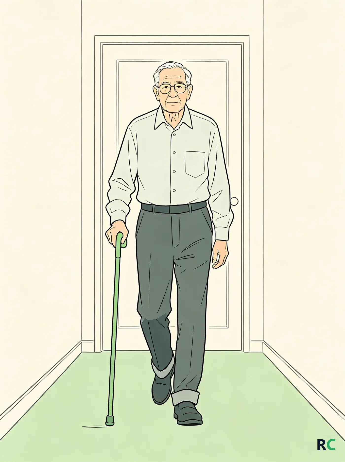 Ilustração vertical de idoso caminhando com a bengala na mão oposta ao joelho dolorido
