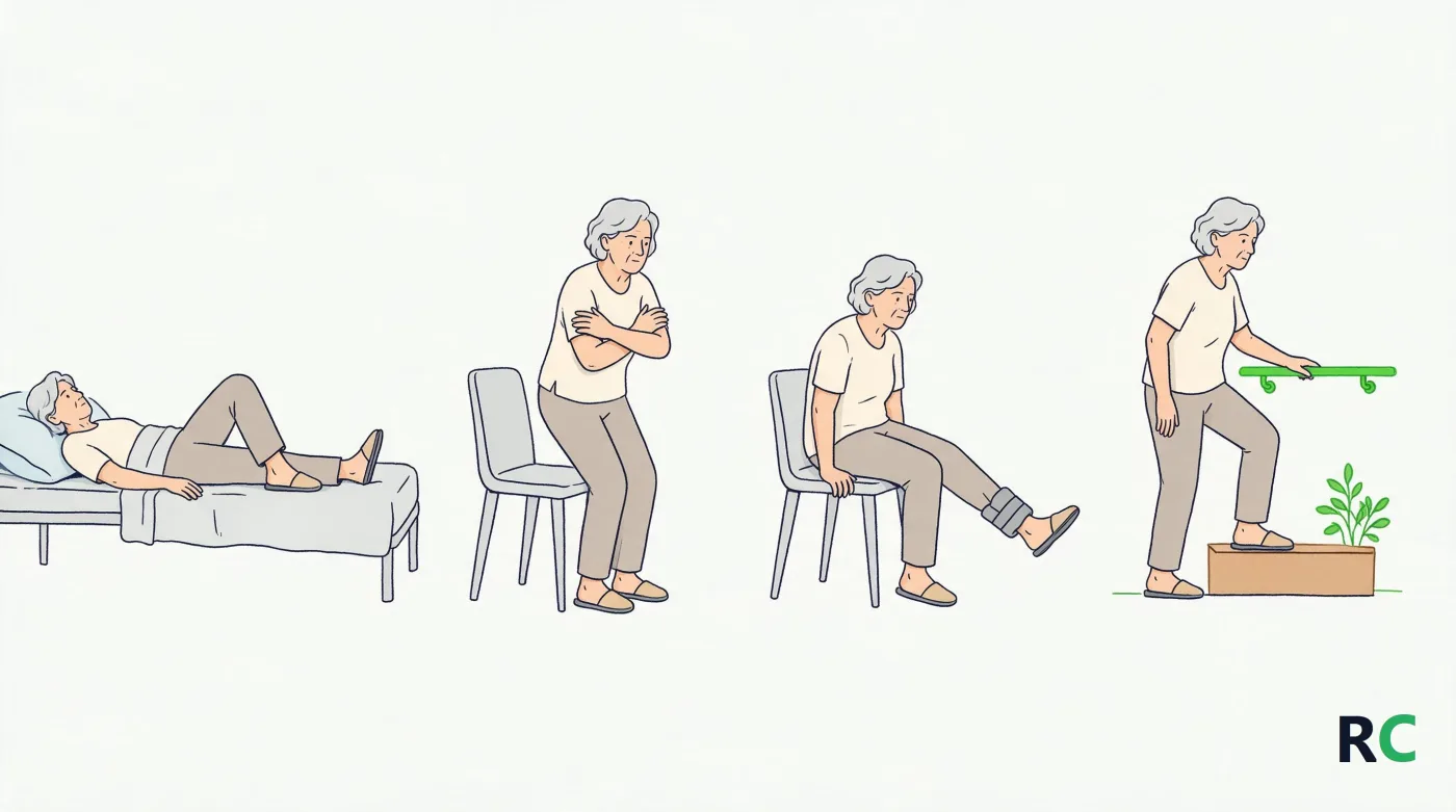 Ilustração de quatro degraus mostrando a progressão do exercício, da cama até a subida de degrau