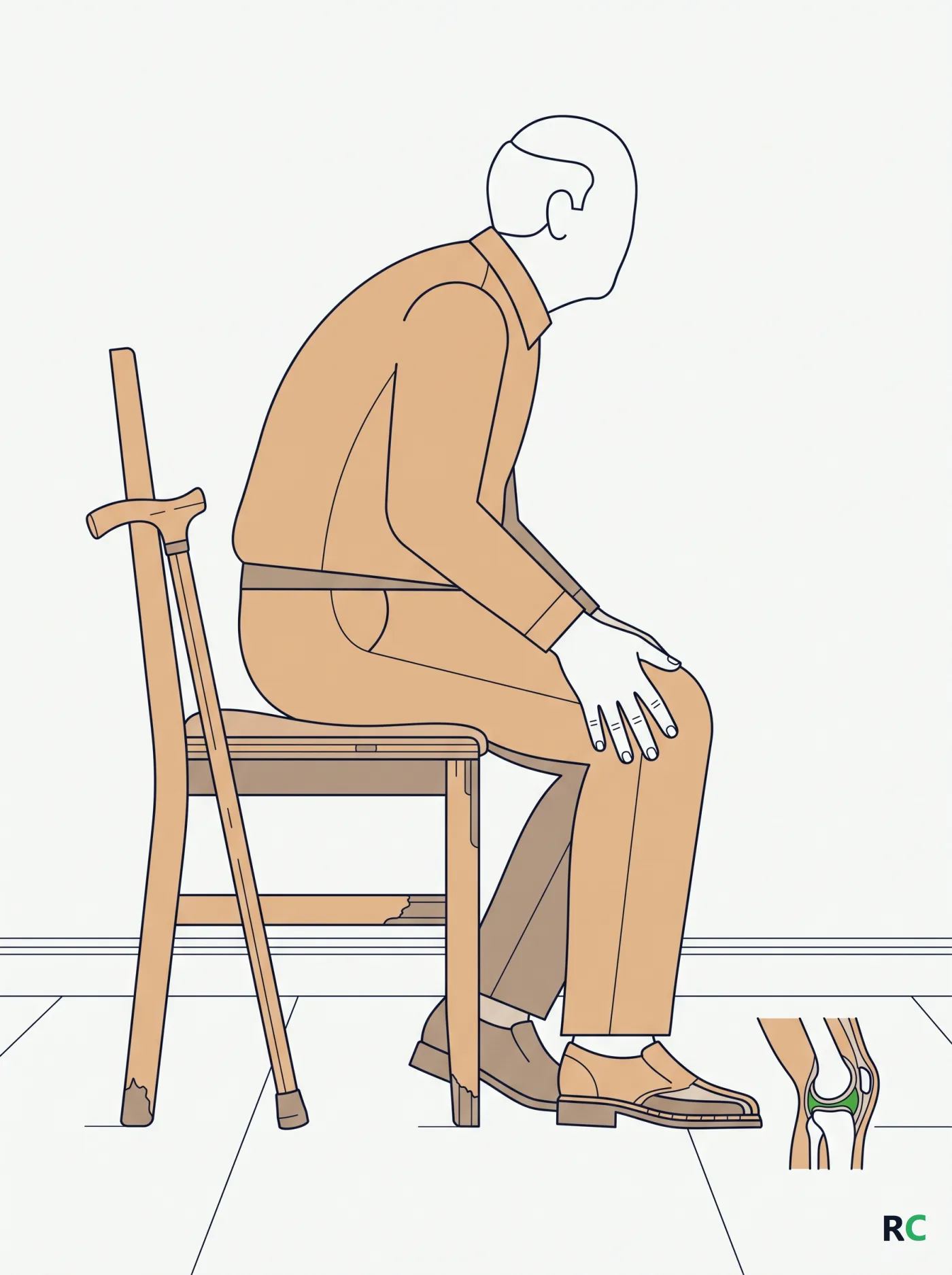Ilustração vertical de idoso de perfil sentado com a mão sobre o joelho