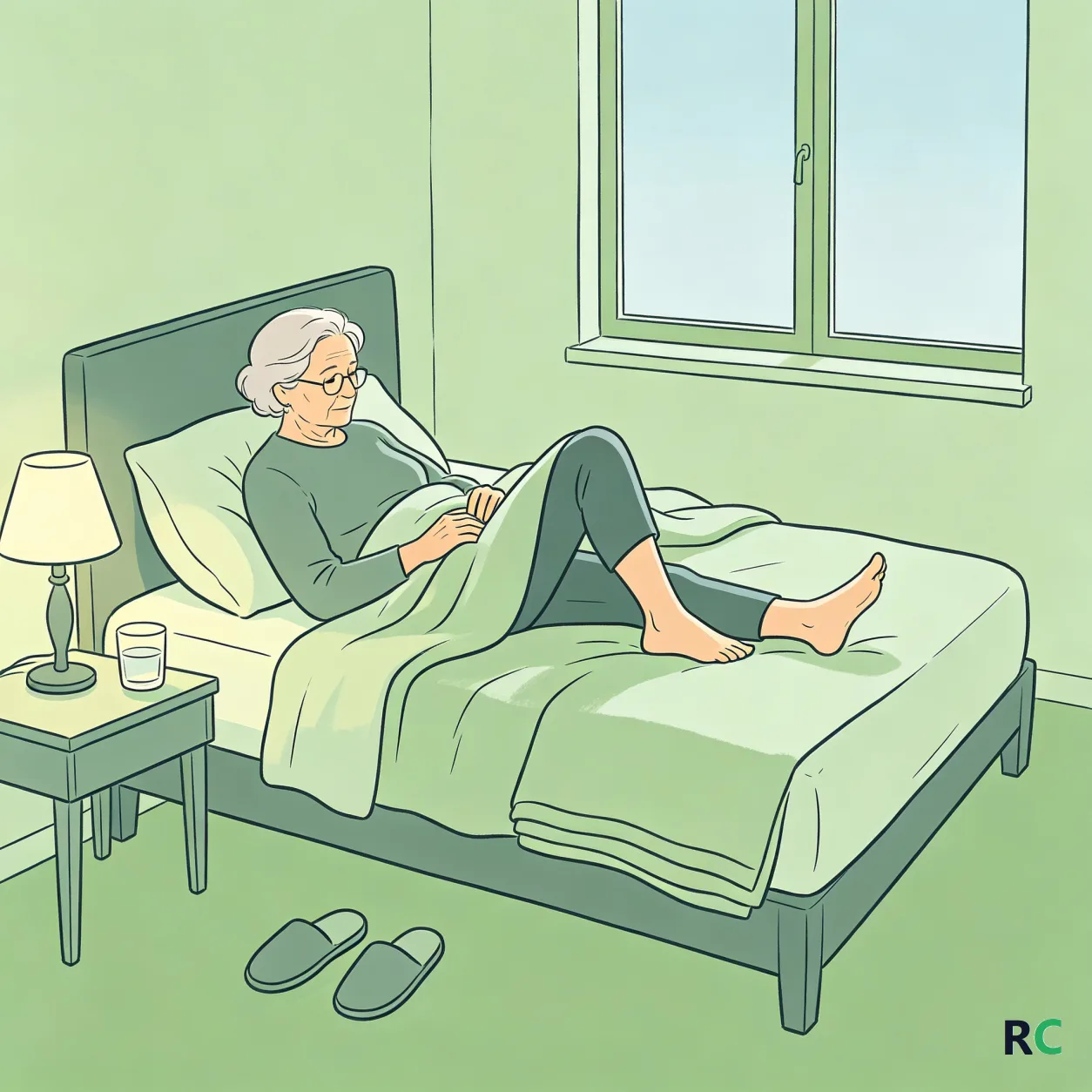 Ilustração de idosa deitada movendo o tornozelo e dobrando o joelho antes de levantar da cama