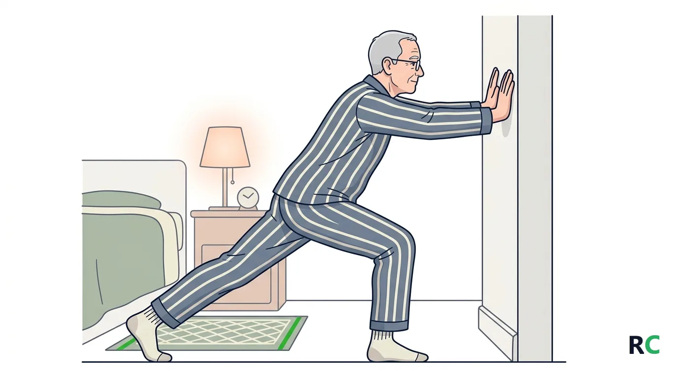 Ilustração de senhor idoso de pijama listrado em pé de frente para a parede do quarto, com as mãos apoiadas na parede, a perna direita esticada para trás com o calcanhar no chão e a esquerda dobrada à frente