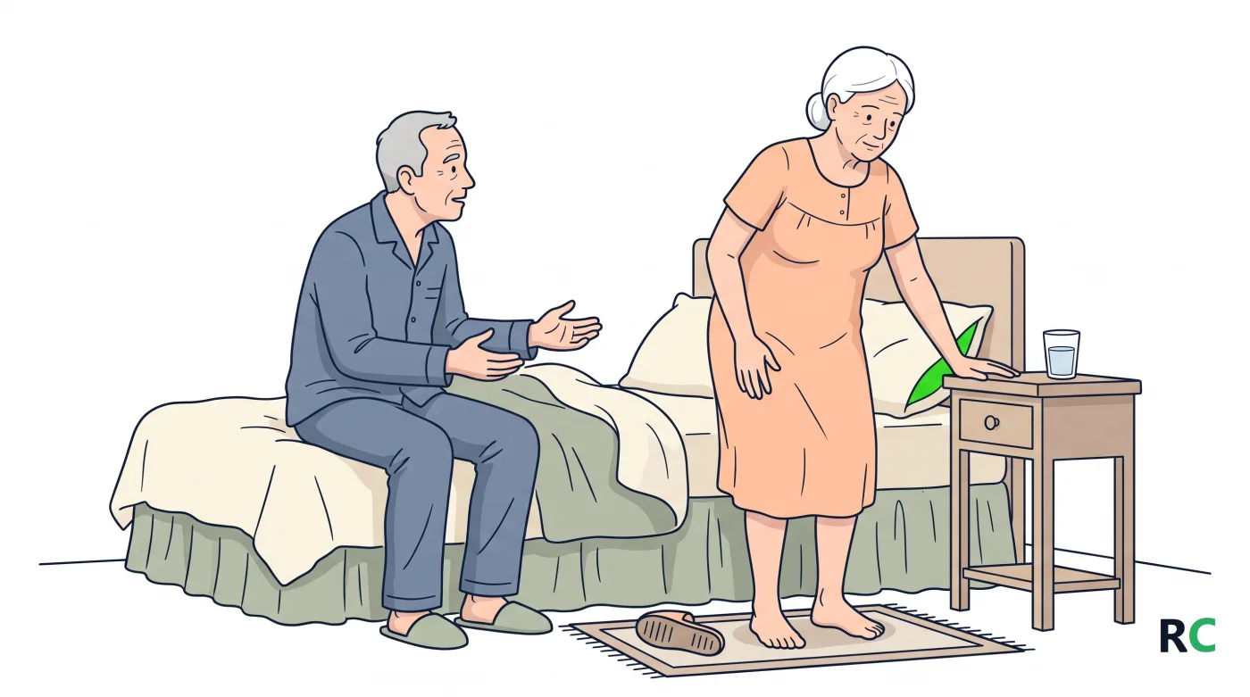 Ilustração de senhora idosa em pé ao lado da cama, de camisola, com o peso sobre a perna direita e o calcanhar no chão, apoiada no criado-mudo, enquanto o marido observa sentado na beira da cama