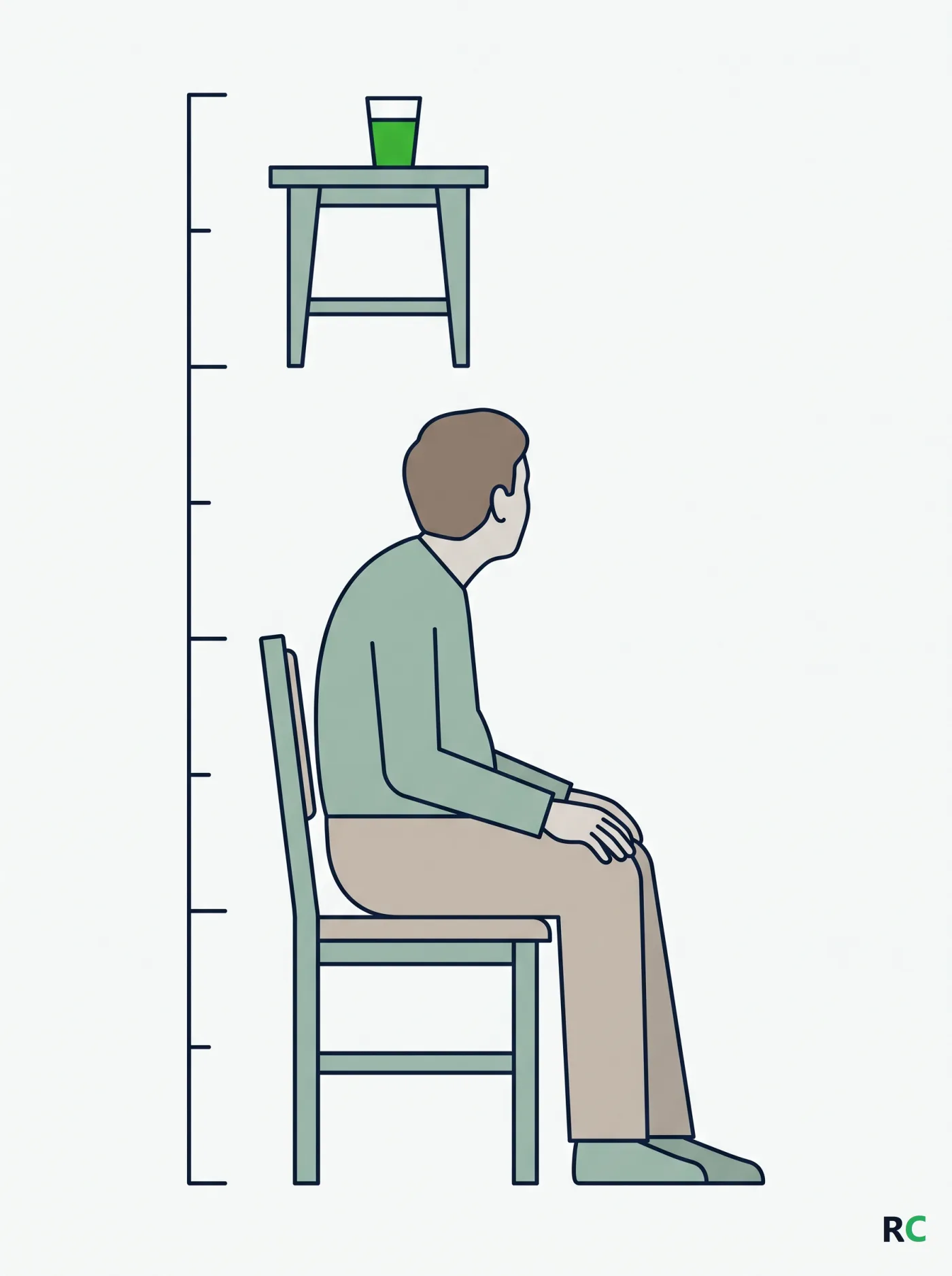 Ilustração vertical de idoso sentado ereto à mesa, de perfil