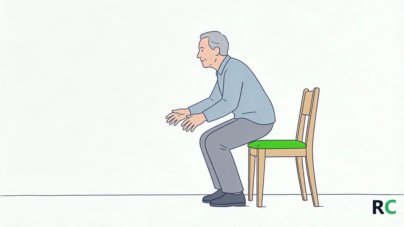 Ilustração de senhor idoso levantando de uma cadeira firme com o tronco inclinado à frente e sem apoiar as mãos
